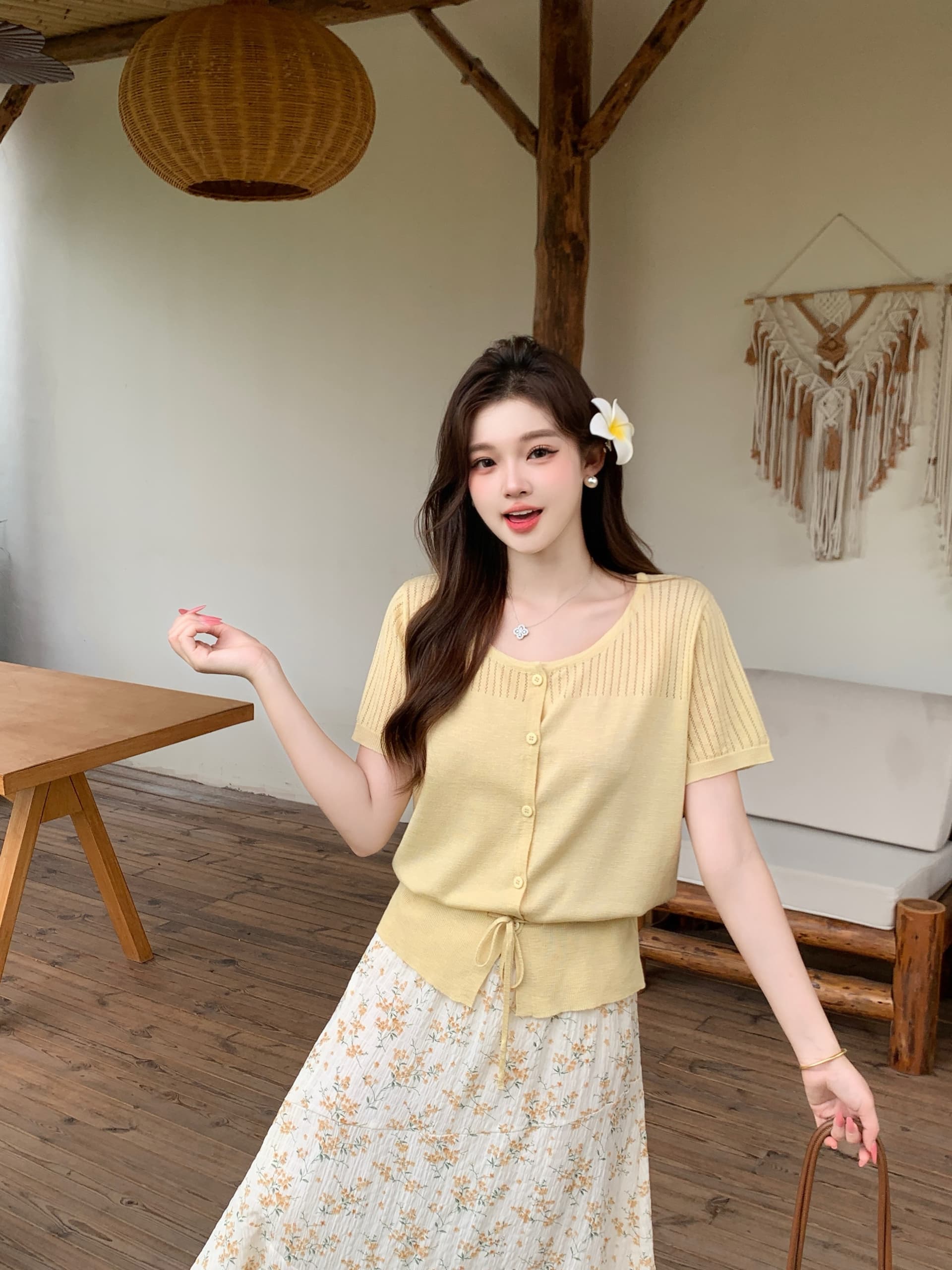 실사 2026 여름 새로운 지방 mm 빅 사이즈 허리 수축 레이스업 반팔 니트 오픈 가디건 꽃무늬 반신 스커트 투피스 세트 상세 이미지 11