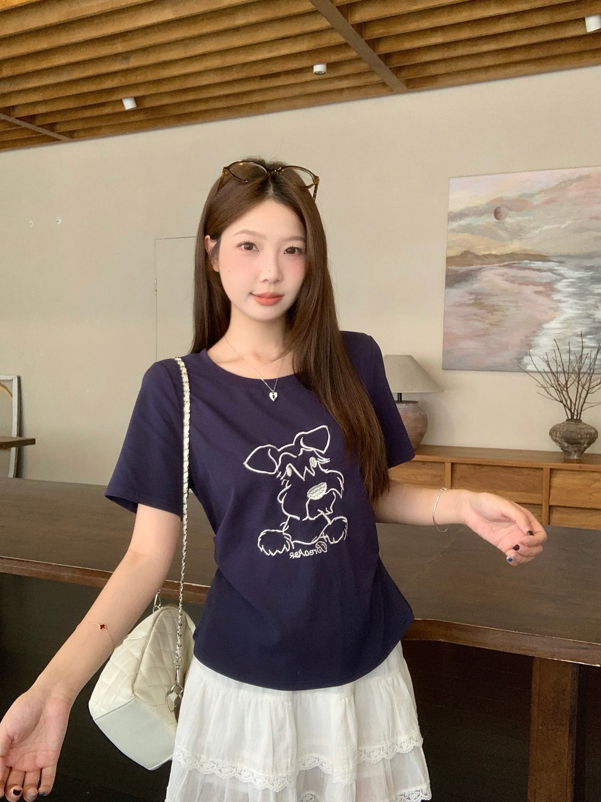 실사 2026 여름 새로운 빅 사이즈 긍정적 인 어깨 강아지 자수 티셔츠 지방 mm 허리 수축 슬림해 보이는 주름 반팔 맨위 상세 이미지 22