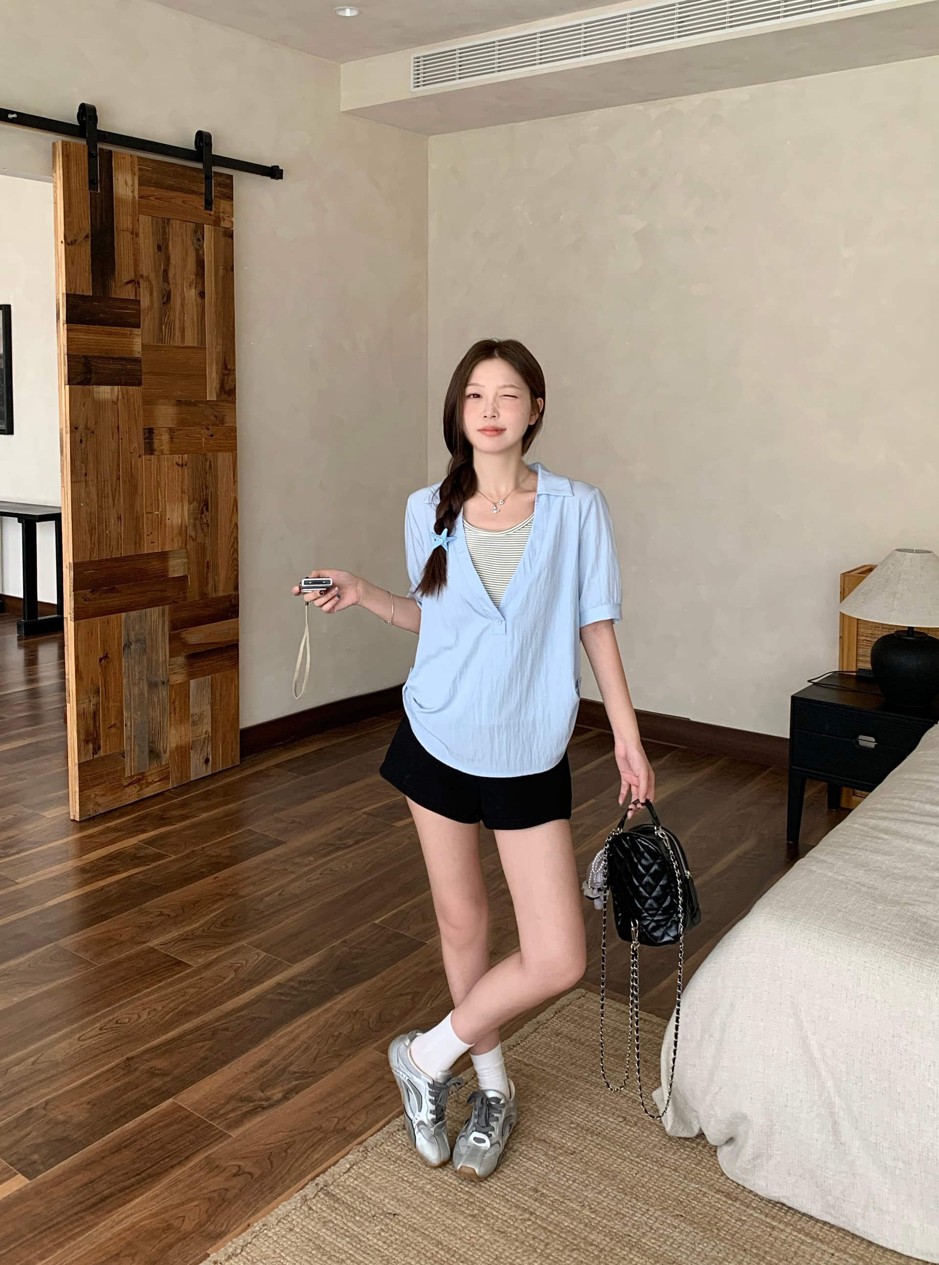 실사 2026 여름 새로운 지방 mm 주첸 두 조각 스트라이프 조끼 반팔 셔츠 디자인 센스 불규칙 맨위 상세 이미지 6