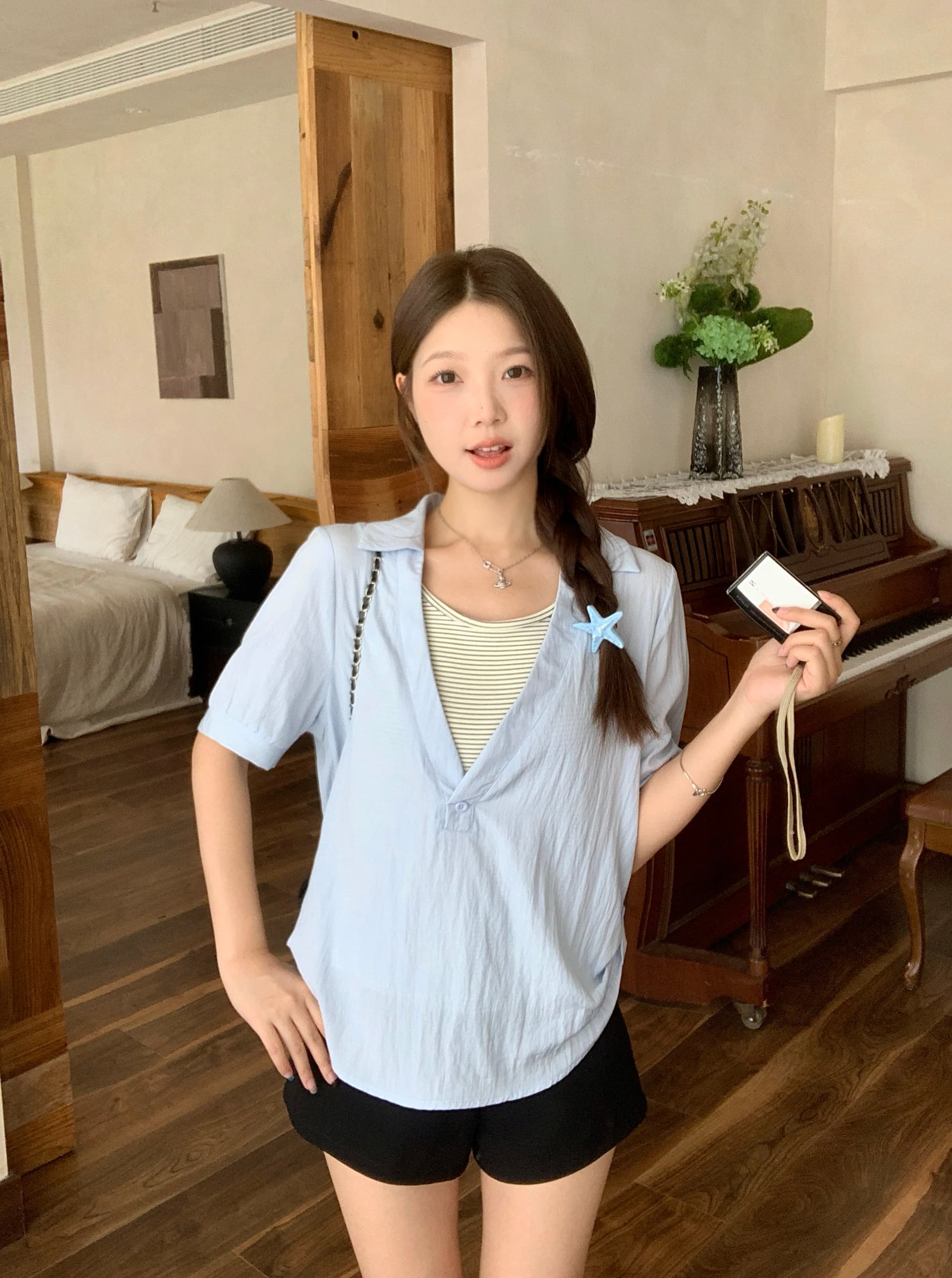 실사 2026 여름 새로운 지방 mm 주첸 두 조각 스트라이프 조끼 반팔 셔츠 디자인 센스 불규칙 맨위 상세 이미지 10