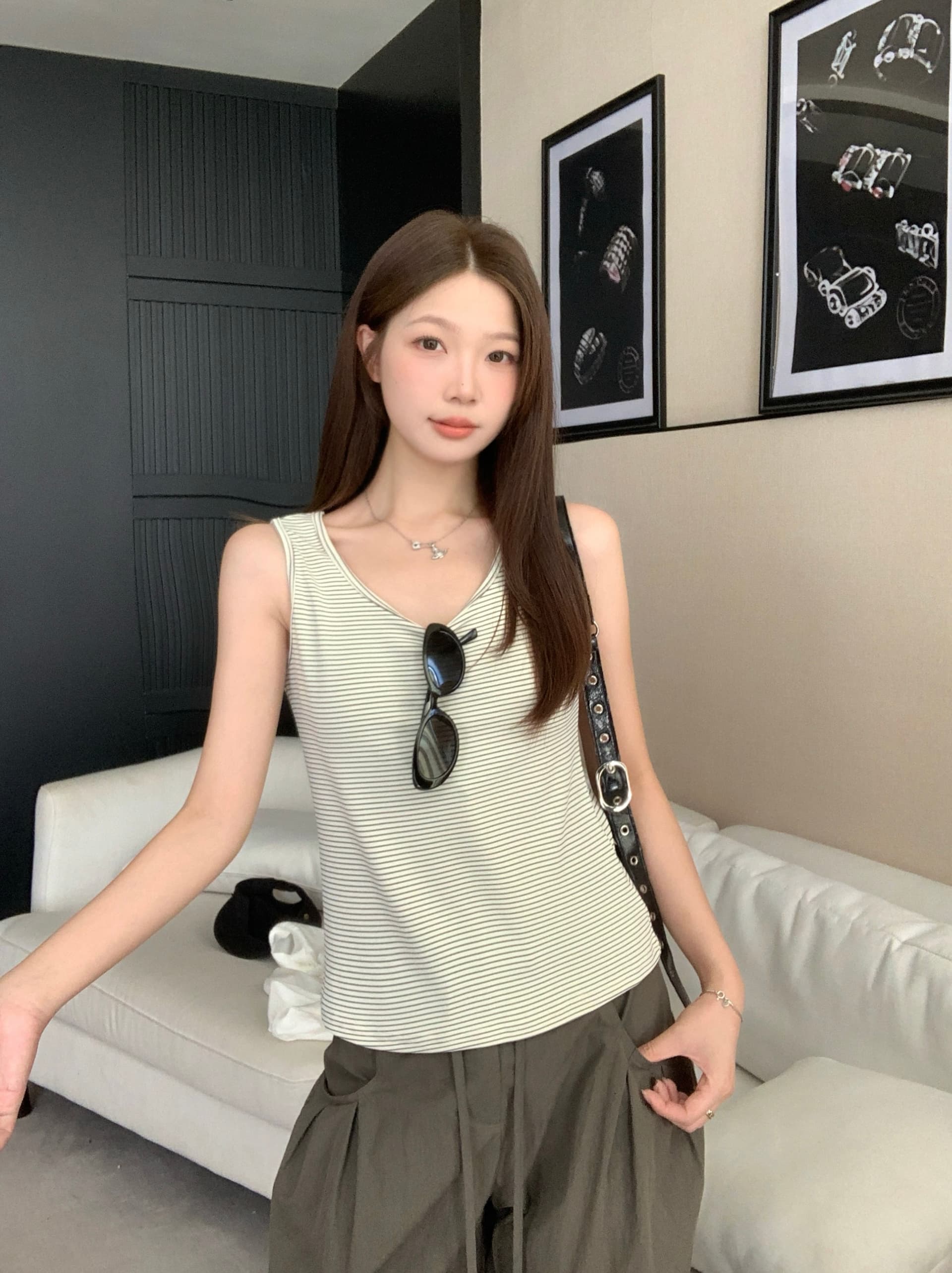 실사 2026 여름 새로운 지방 mm 주첸 두 조각 스트라이프 조끼 반팔 셔츠 디자인 센스 불규칙 맨위 상세 이미지 14