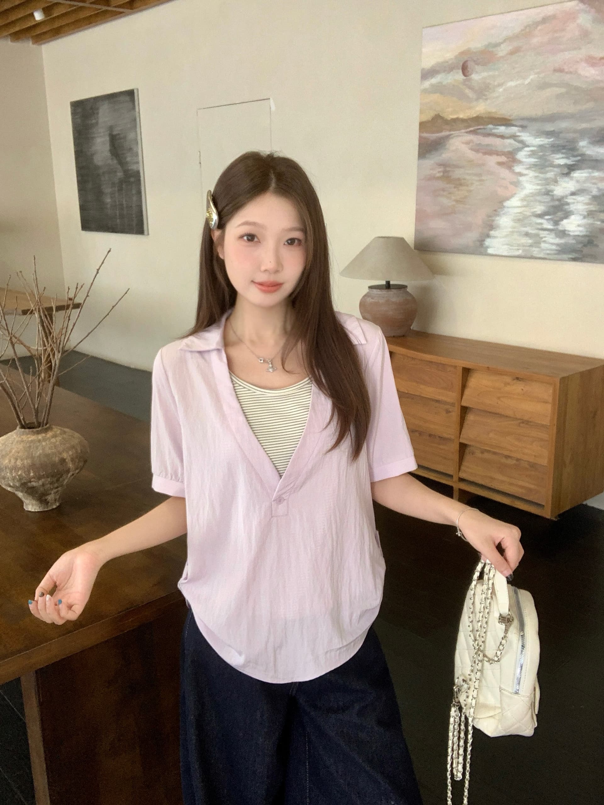 실사 2026 여름 새로운 지방 mm 주첸 두 조각 스트라이프 조끼 반팔 셔츠 디자인 센스 불규칙 맨위 상세 이미지 30