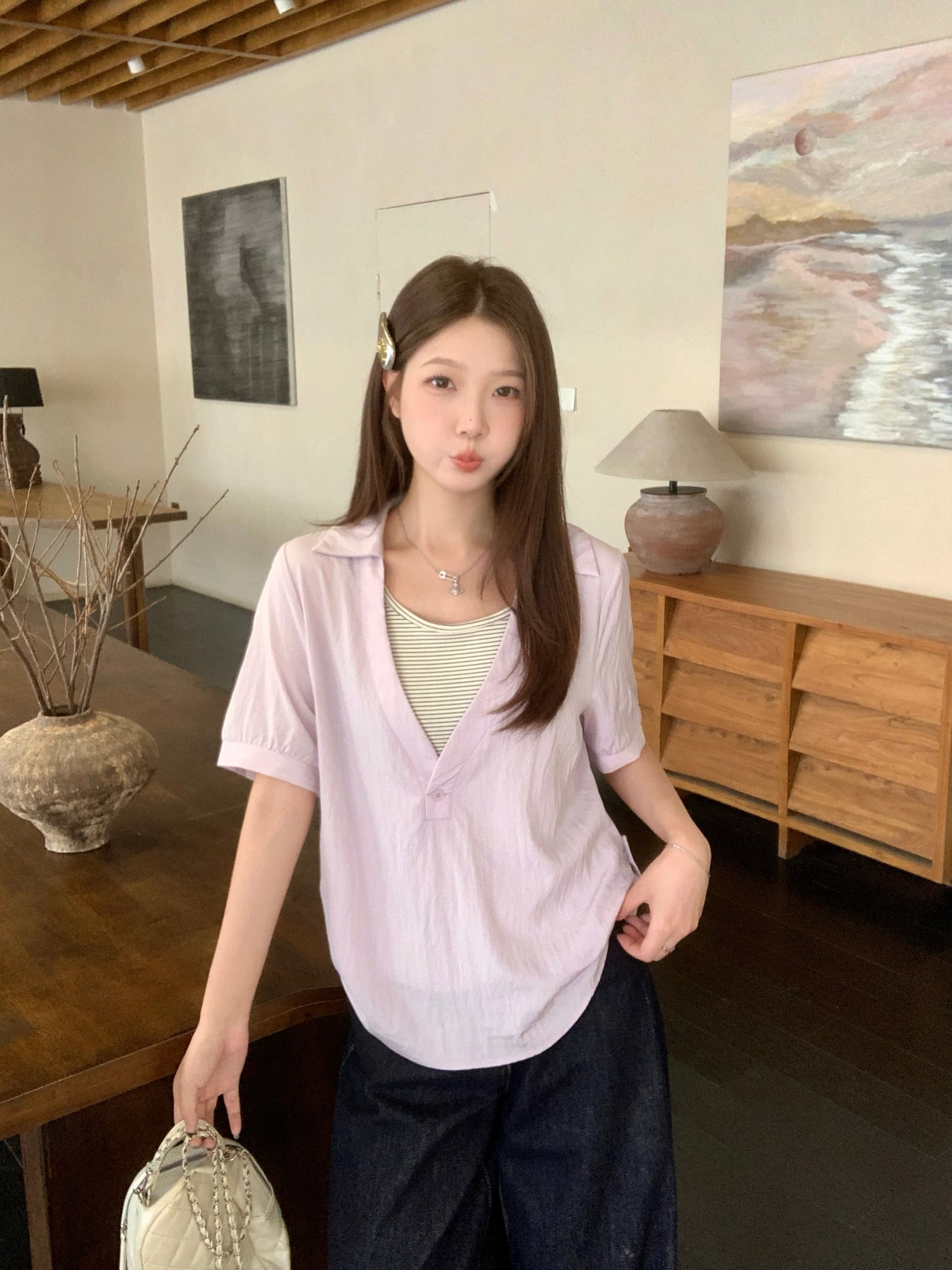 실사 2026 여름 새로운 지방 mm 주첸 두 조각 스트라이프 조끼 반팔 셔츠 디자인 센스 불규칙 맨위 상세 이미지 32