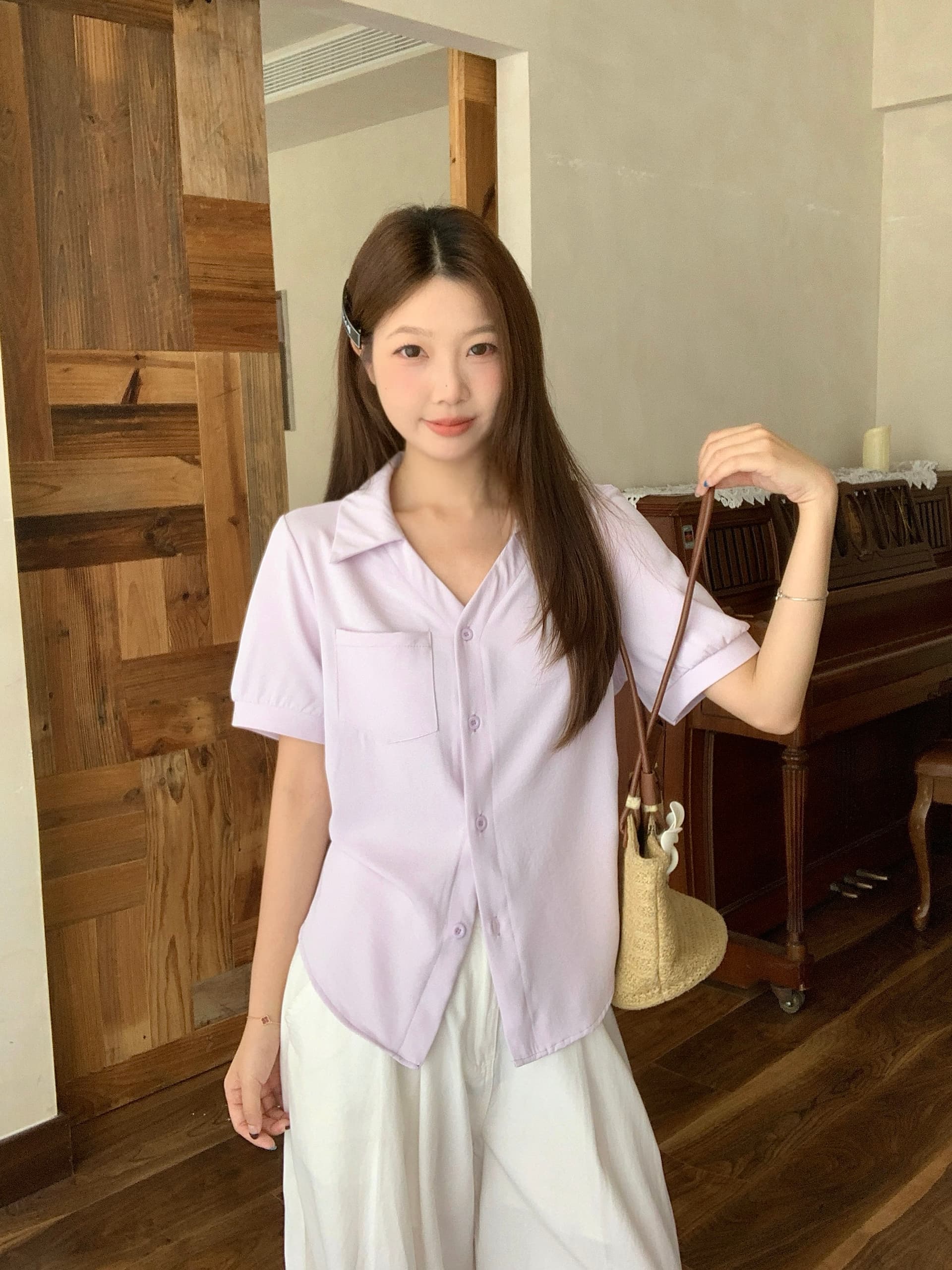 실사 2026 여름 새로운 지방 mm 빅 사이즈 여성 한 부서 달콤한 스타일 반팔 셔츠 주름 허리 수축 출퇴근 맨위 이미지 3