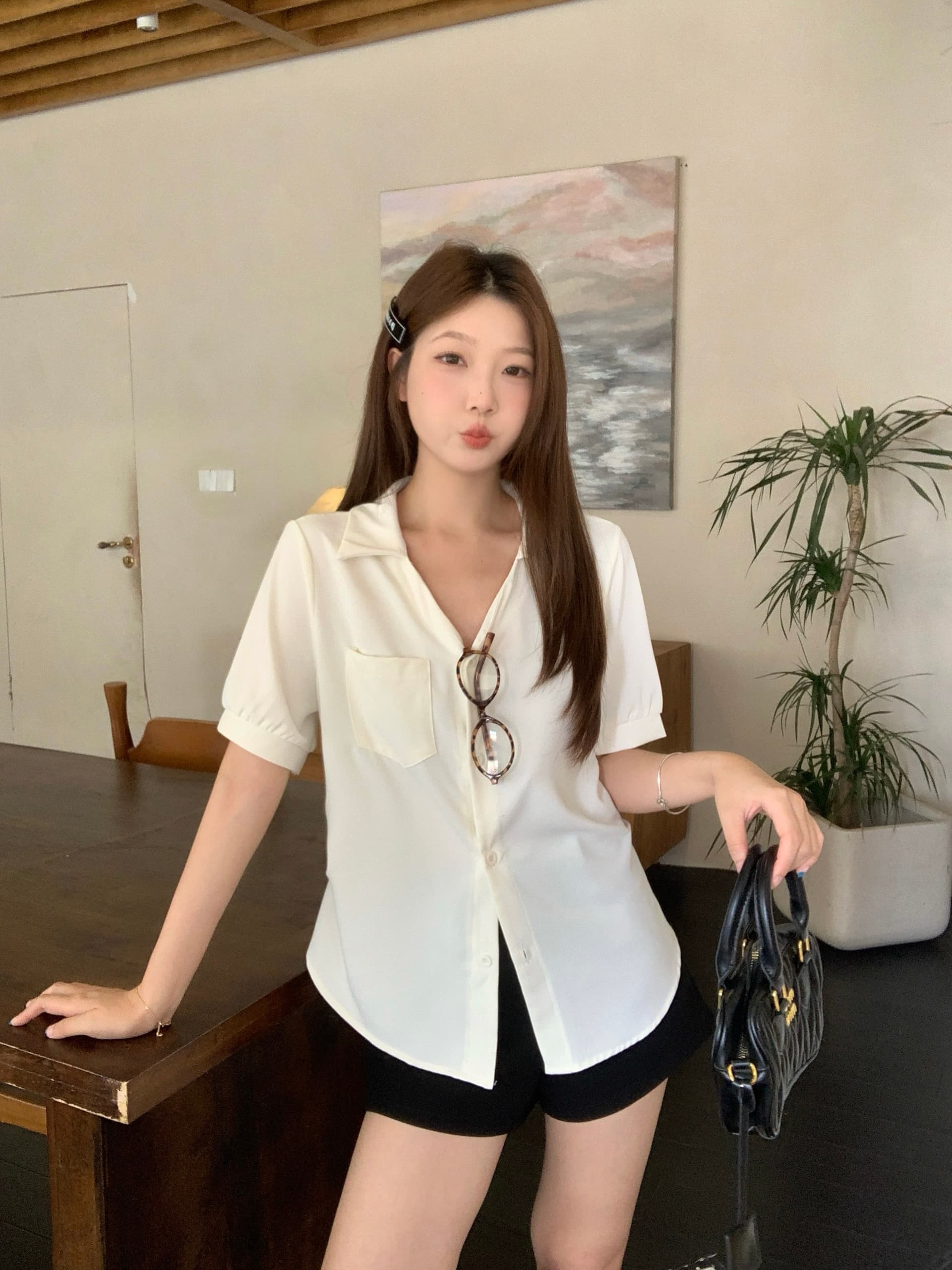 실사 2026 여름 새로운 지방 mm 빅 사이즈 여성 한 부서 달콤한 스타일 반팔 셔츠 주름 허리 수축 출퇴근 맨위 상세 이미지 9