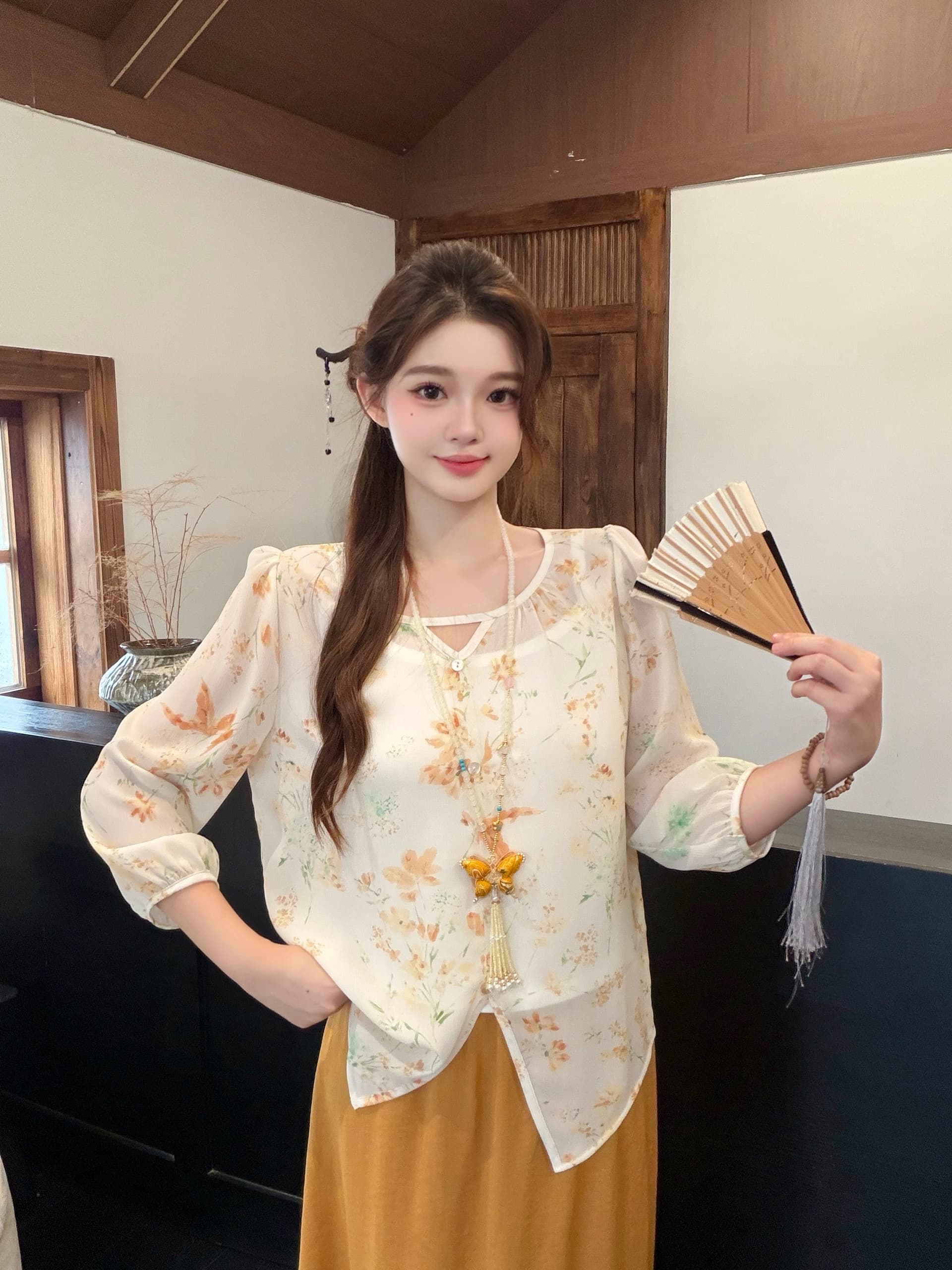 실사 2026 여름 새로운 지방 mm 빅 사이즈 레트로 센 부서 꽃무늬 작은 셔츠 슬립 맨위 반신 스커트 3종 세트 상세 이미지 6