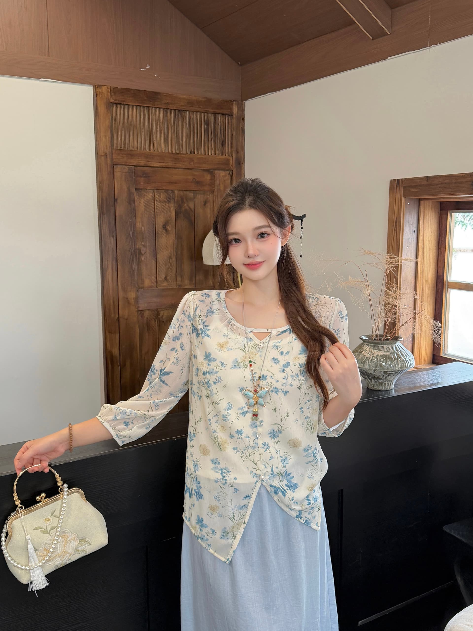 실사 2026 여름 새로운 지방 mm 빅 사이즈 레트로 센 부서 꽃무늬 작은 셔츠 슬립 맨위 반신 스커트 3종 세트 상세 이미지 25