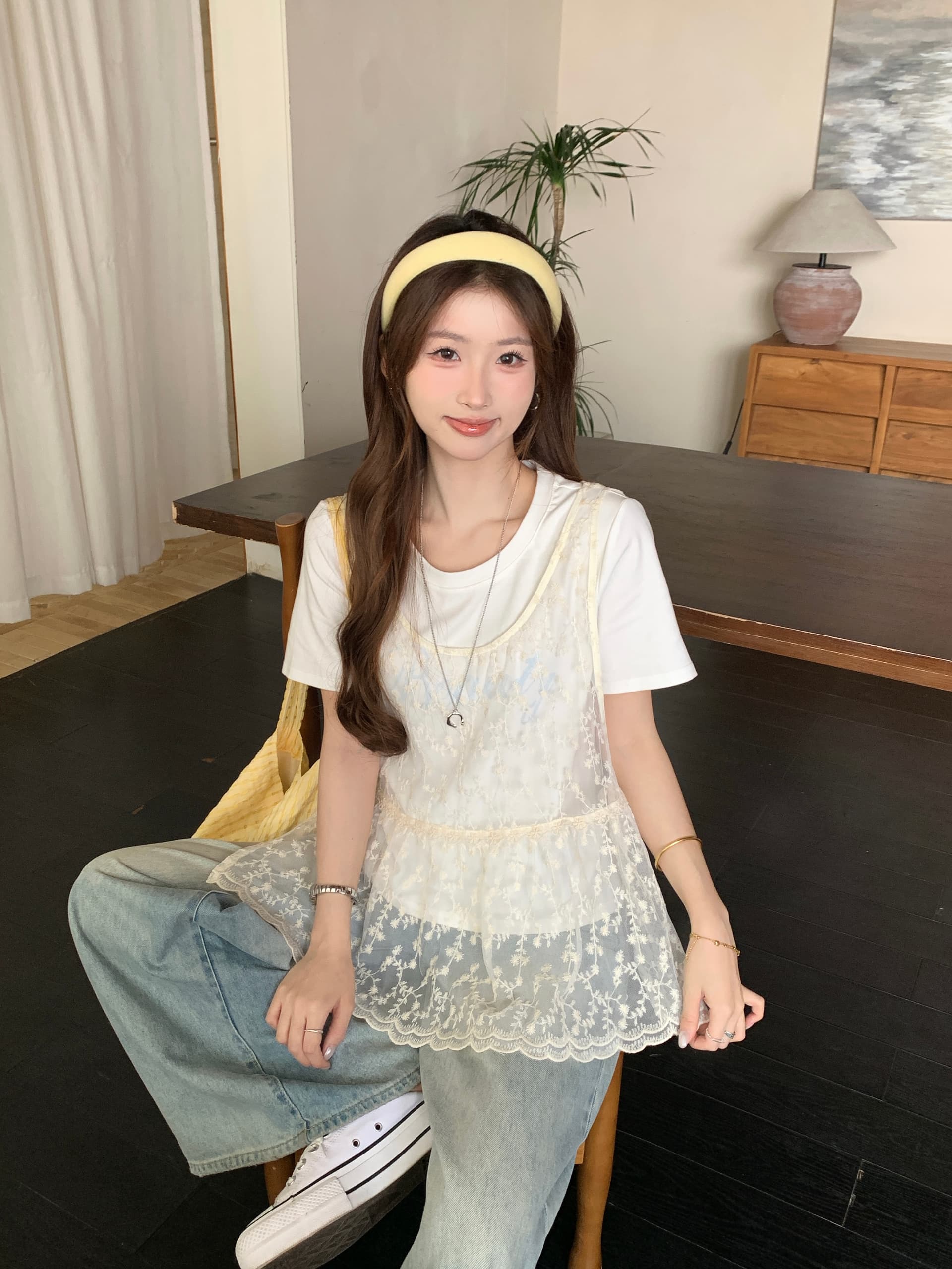 실사 2026 여름 드레스 새로운 지방 mm 빅 사이즈 여성 레이스 조끼 가짜 2 피스 슈트 반팔 티셔츠 디자인 센스 맨위 상세 이미지 11