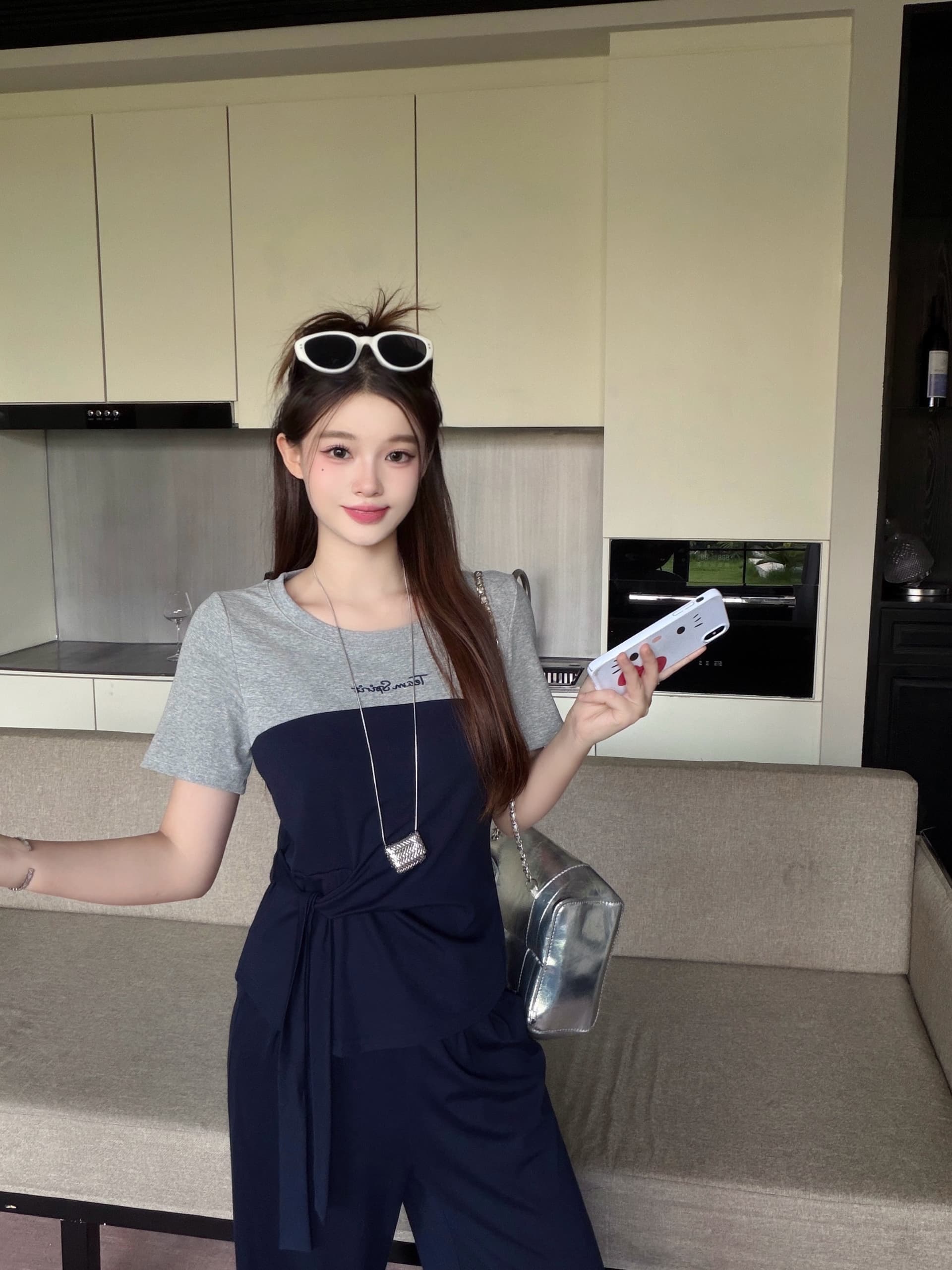 실사 2026 여름 빅 사이즈 지방 mm 배색 패치워크 허리 수축 맨위 와이드 레그 팬츠 투피스 세트 패션 출퇴근 세트 상세 이미지 26