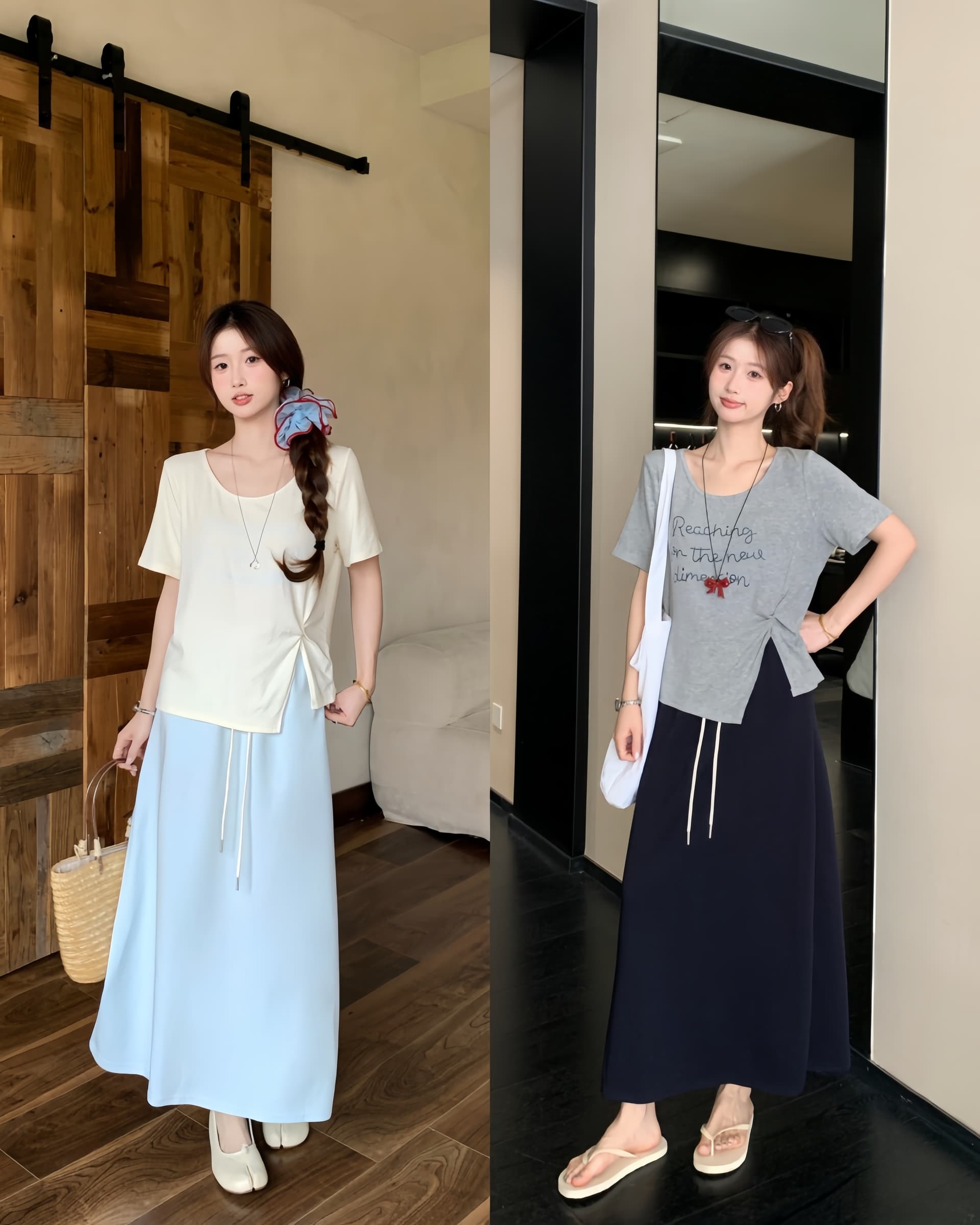 실사 2026 여름 드레스 새로운 지방 mm 빅 사이즈 핀치 Pleat 프린트 반팔 맨위 허리밴드 반신 스커트 연령 감소 세트 상세 이미지 2
