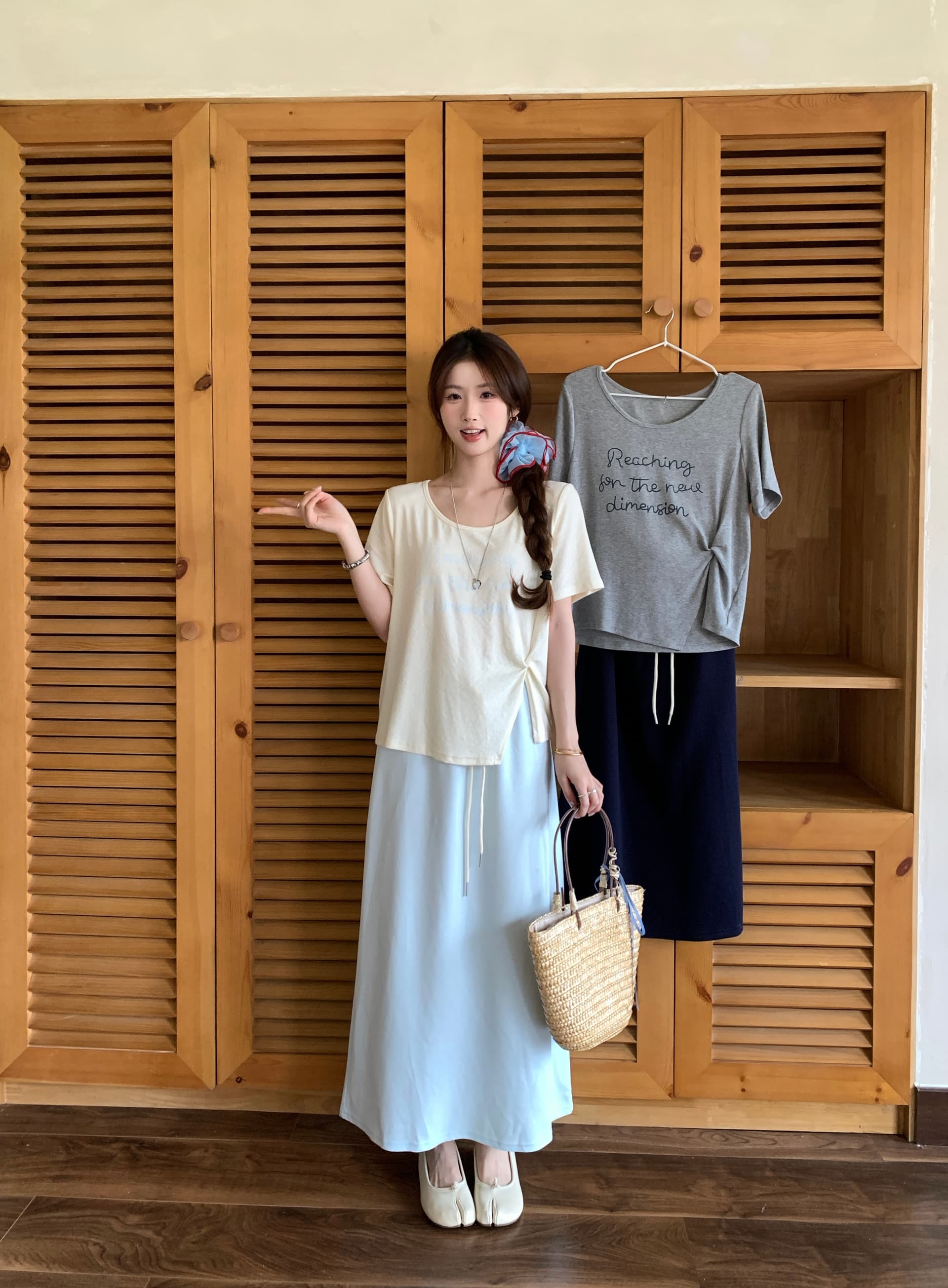 실사 2026 여름 드레스 새로운 지방 mm 빅 사이즈 핀치 Pleat 프린트 반팔 맨위 허리밴드 반신 스커트 연령 감소 세트 상세 이미지 3