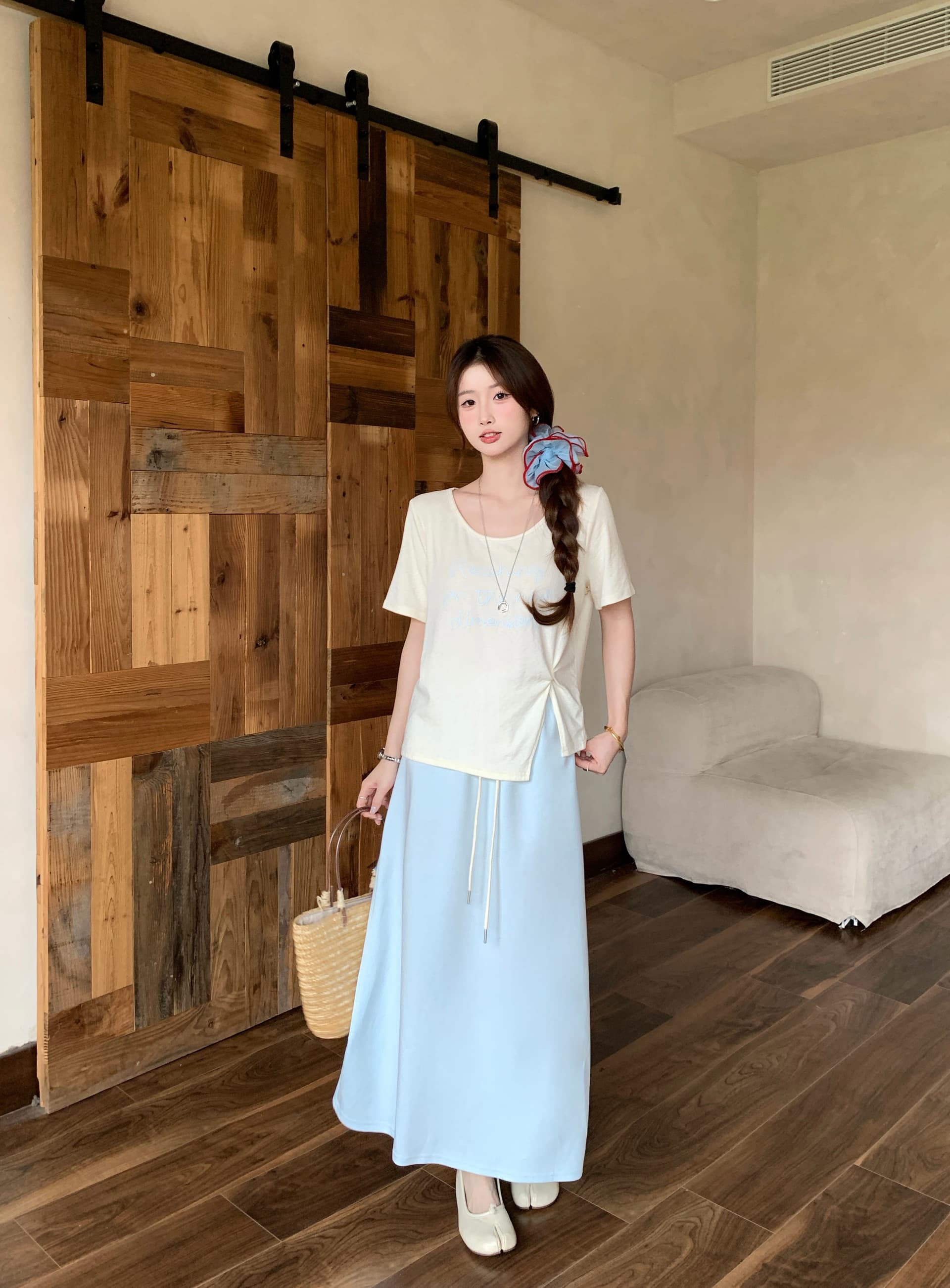 실사 2026 여름 드레스 새로운 지방 mm 빅 사이즈 핀치 Pleat 프린트 반팔 맨위 허리밴드 반신 스커트 연령 감소 세트 상세 이미지 5