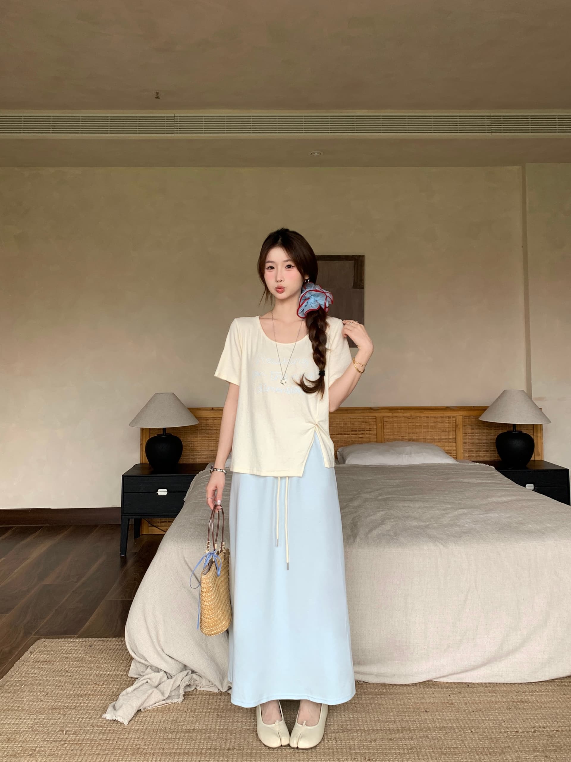 실사 2026 여름 드레스 새로운 지방 mm 빅 사이즈 핀치 Pleat 프린트 반팔 맨위 허리밴드 반신 스커트 연령 감소 세트 상세 이미지 6