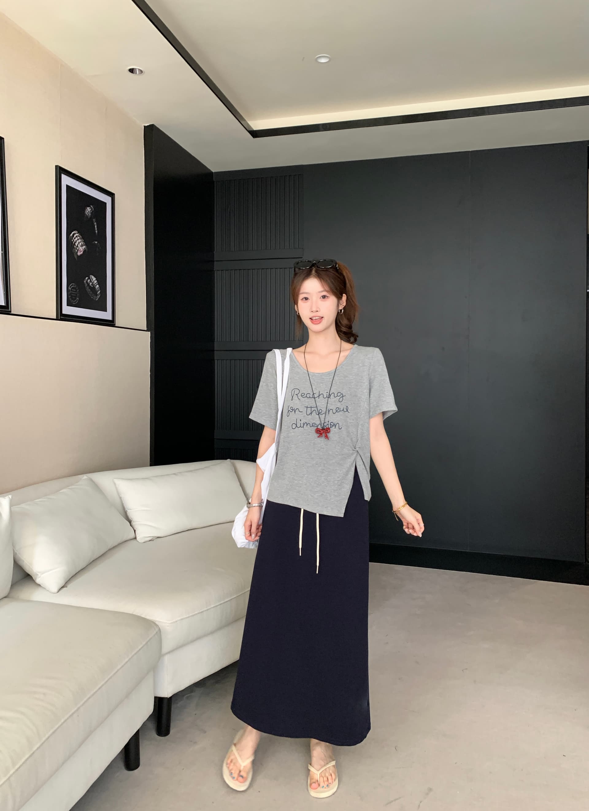 실사 2026 여름 드레스 새로운 지방 mm 빅 사이즈 핀치 Pleat 프린트 반팔 맨위 허리밴드 반신 스커트 연령 감소 세트 상세 이미지 16