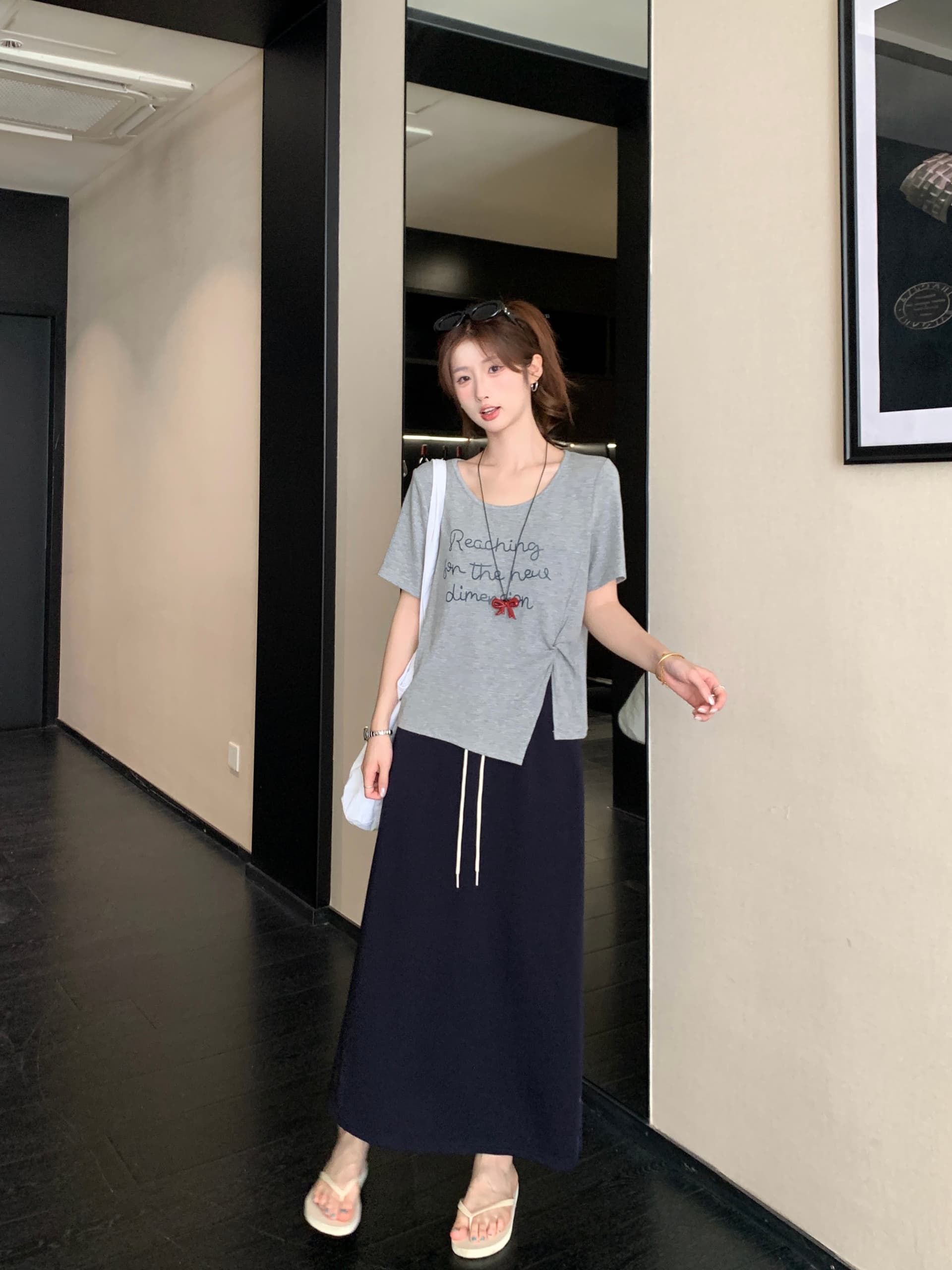 실사 2026 여름 드레스 새로운 지방 mm 빅 사이즈 핀치 Pleat 프린트 반팔 맨위 허리밴드 반신 스커트 연령 감소 세트 상세 이미지 20