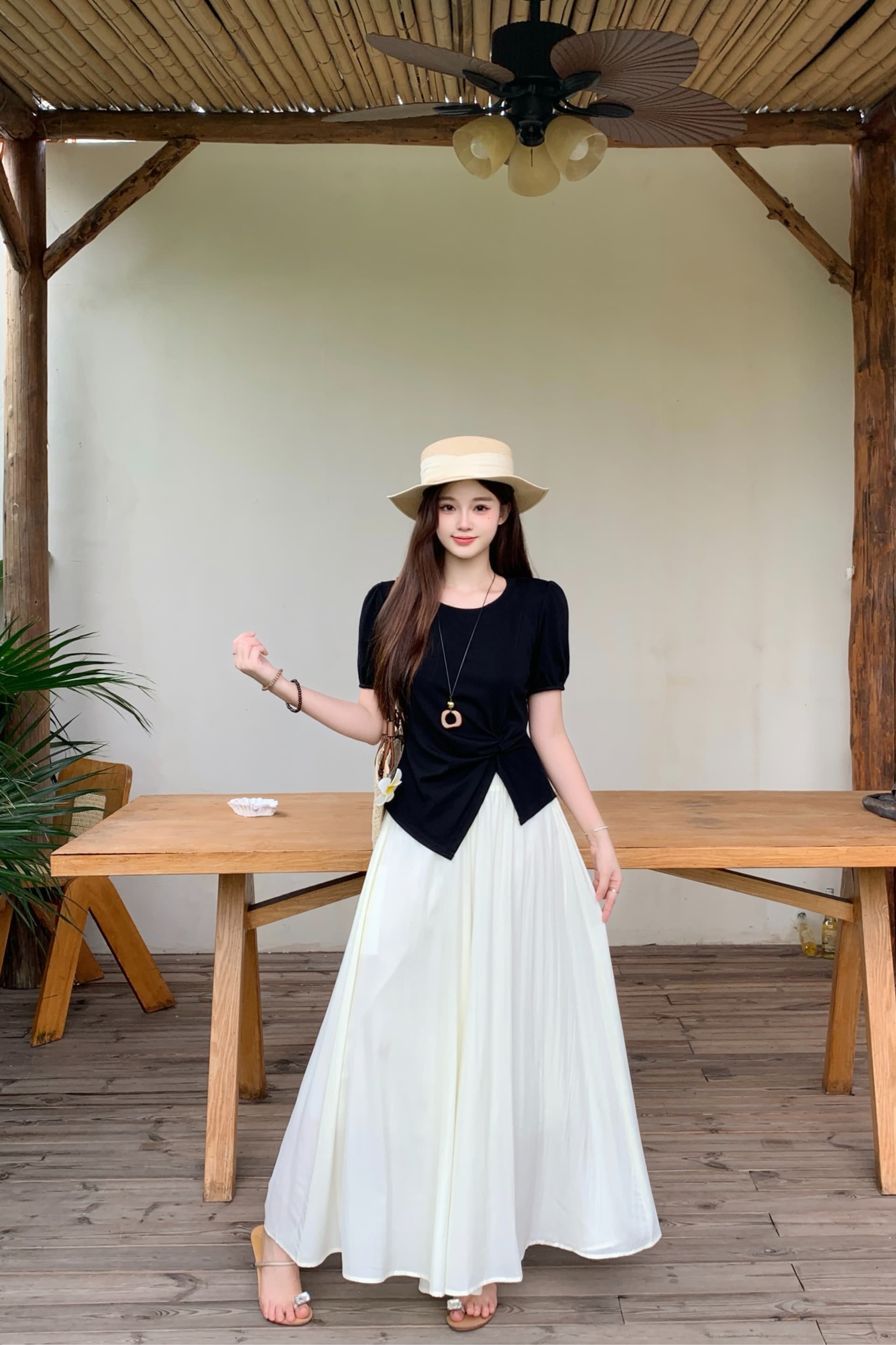 실사 2026 여름 새로운 지방 mm 빅 사이즈 핀치 Pleat 불규칙 반팔 티셔츠 루즈핏 와이드 레그 팬츠 치마 투피스 세트 이미지 6
