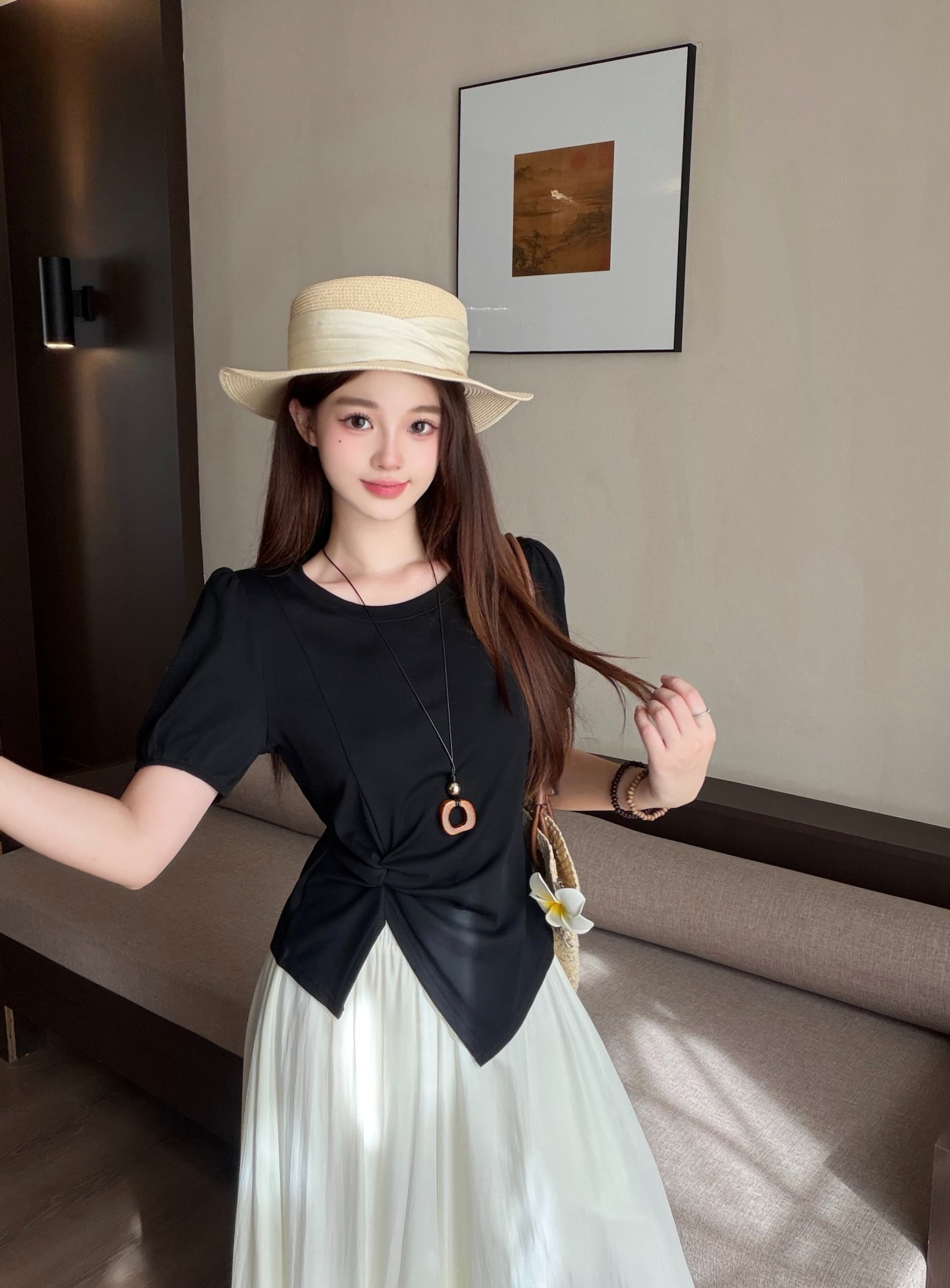 실사 2026 여름 새로운 지방 mm 빅 사이즈 핀치 Pleat 불규칙 반팔 티셔츠 루즈핏 와이드 레그 팬츠 치마 투피스 세트 상세 이미지 6