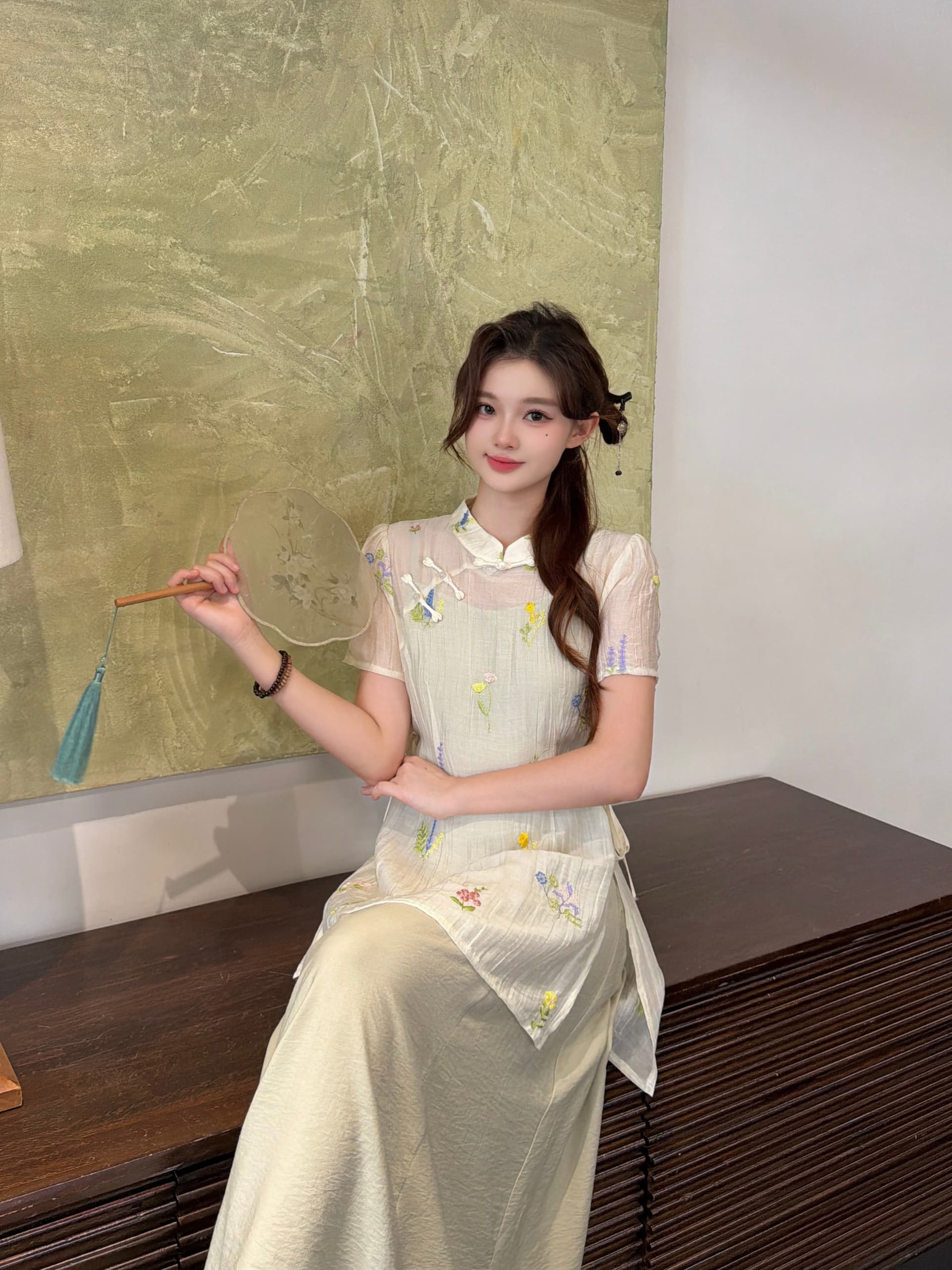 실사 2026 여름 새로운 지방 mm 빅 사이즈 새로운 중식 국풍 자수 단추 맨위 슬립 드레스 투피스 슈트 상세 이미지 24