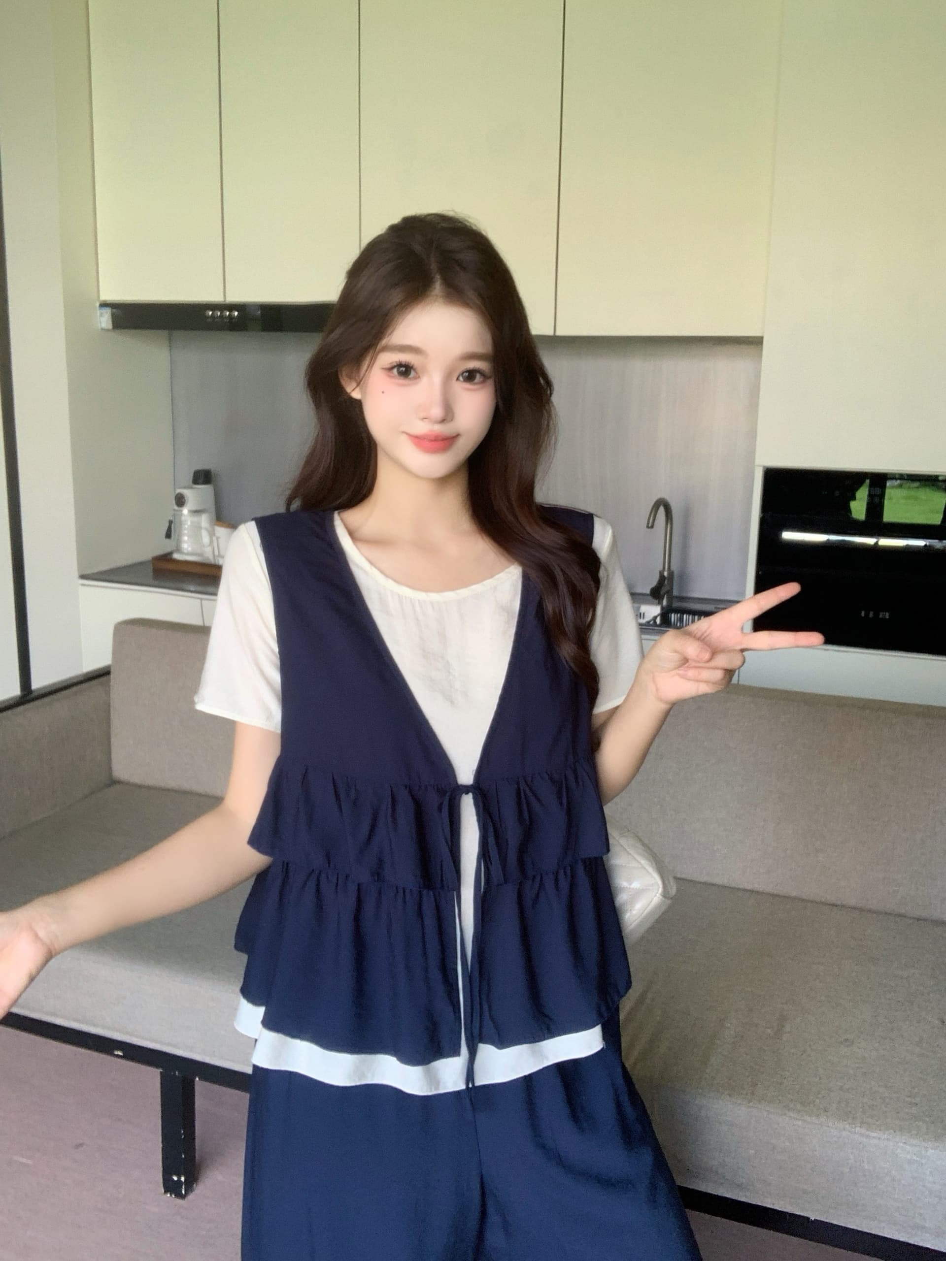 실사 2026 여름 드레스 새로운 지방 mm 빅 사이즈 스택 착용 베스트 티셔츠 3종 세트 도루 센스 와이드 레그 팬츠 슬림해 보이는 세트 상세 이미지 12