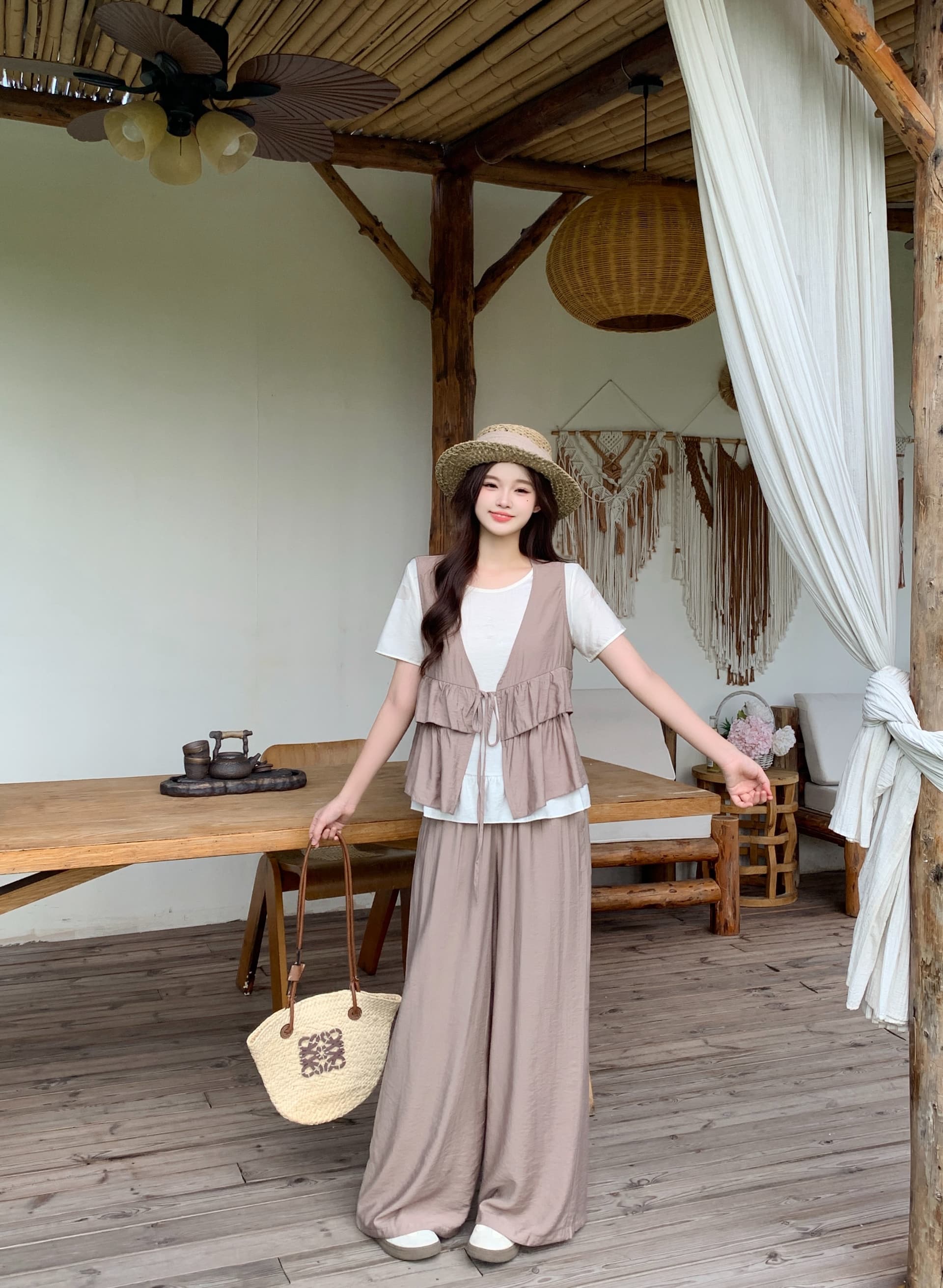 실사 2026 여름 드레스 새로운 지방 mm 빅 사이즈 스택 착용 베스트 티셔츠 3종 세트 도루 센스 와이드 레그 팬츠 슬림해 보이는 세트 상세 이미지 23