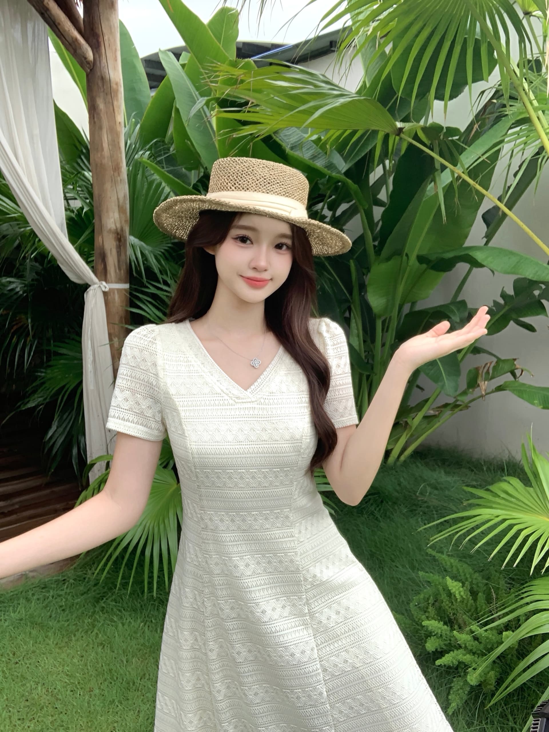 실사 2026 여름 새로운 지방 mm 빅 사이즈 품격 V넥 자카드 드레스 표지 배 슬림해 보이는 허리 수축 한 마디 롱 스커트 상세 이미지 18