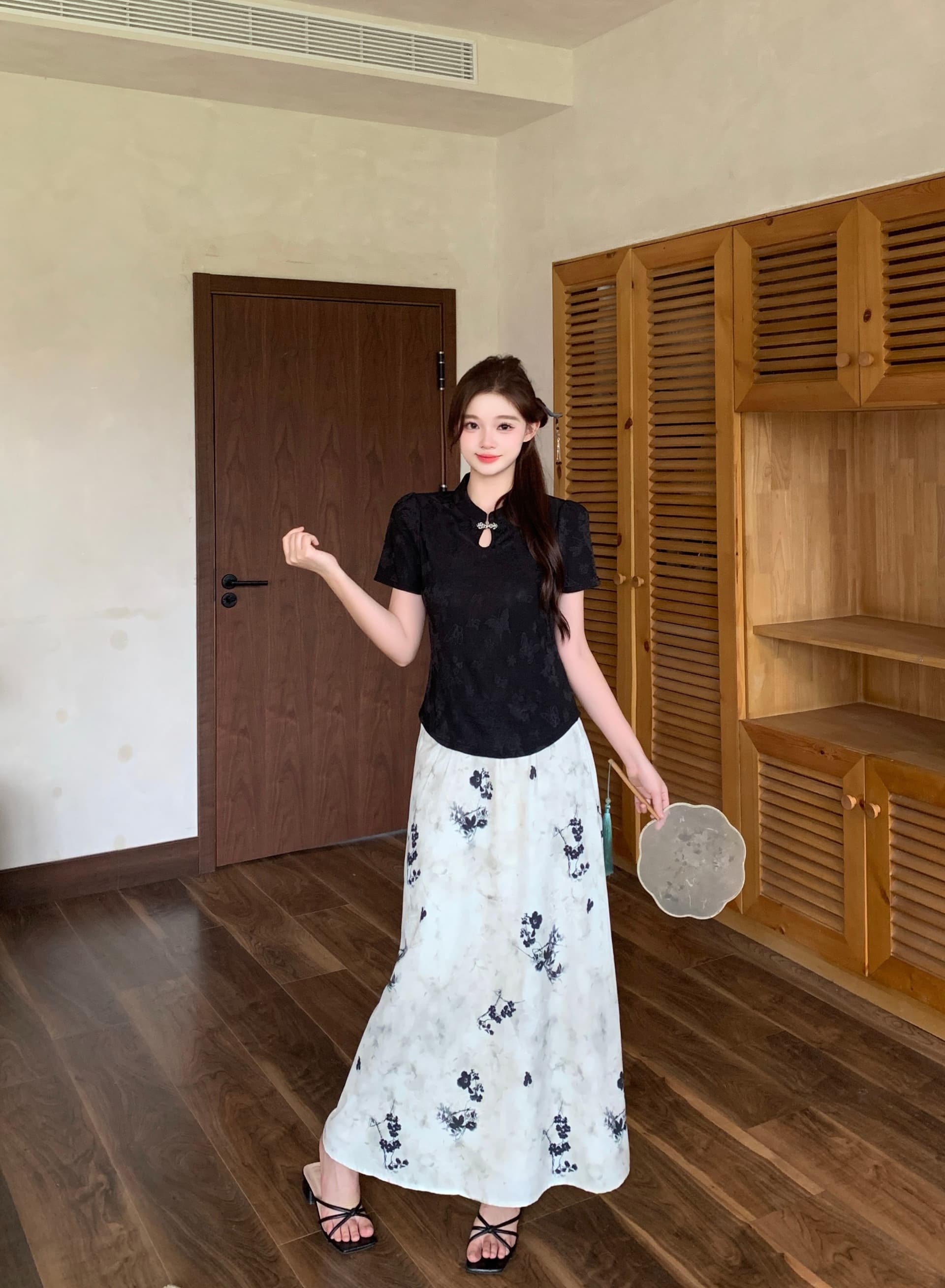 실사 2026 여름 드레스 새로운 지방 mm 빅 사이즈 새로운 중식 국풍 단추 자카드 맨위 수묵화 반신 치마 세트 상세 이미지 2