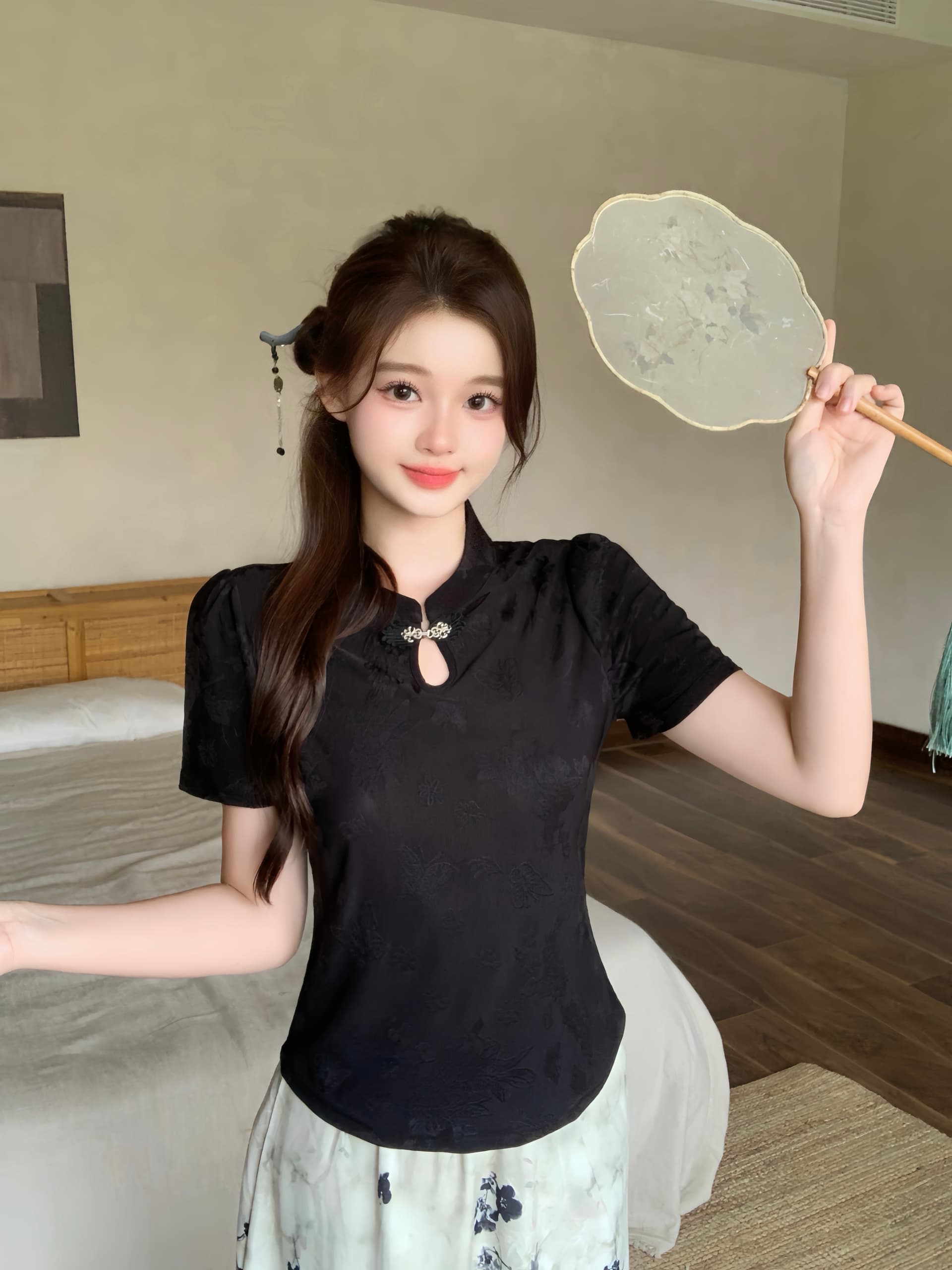 실사 2026 여름 드레스 새로운 지방 mm 빅 사이즈 새로운 중식 국풍 단추 자카드 맨위 수묵화 반신 치마 세트 상세 이미지 7