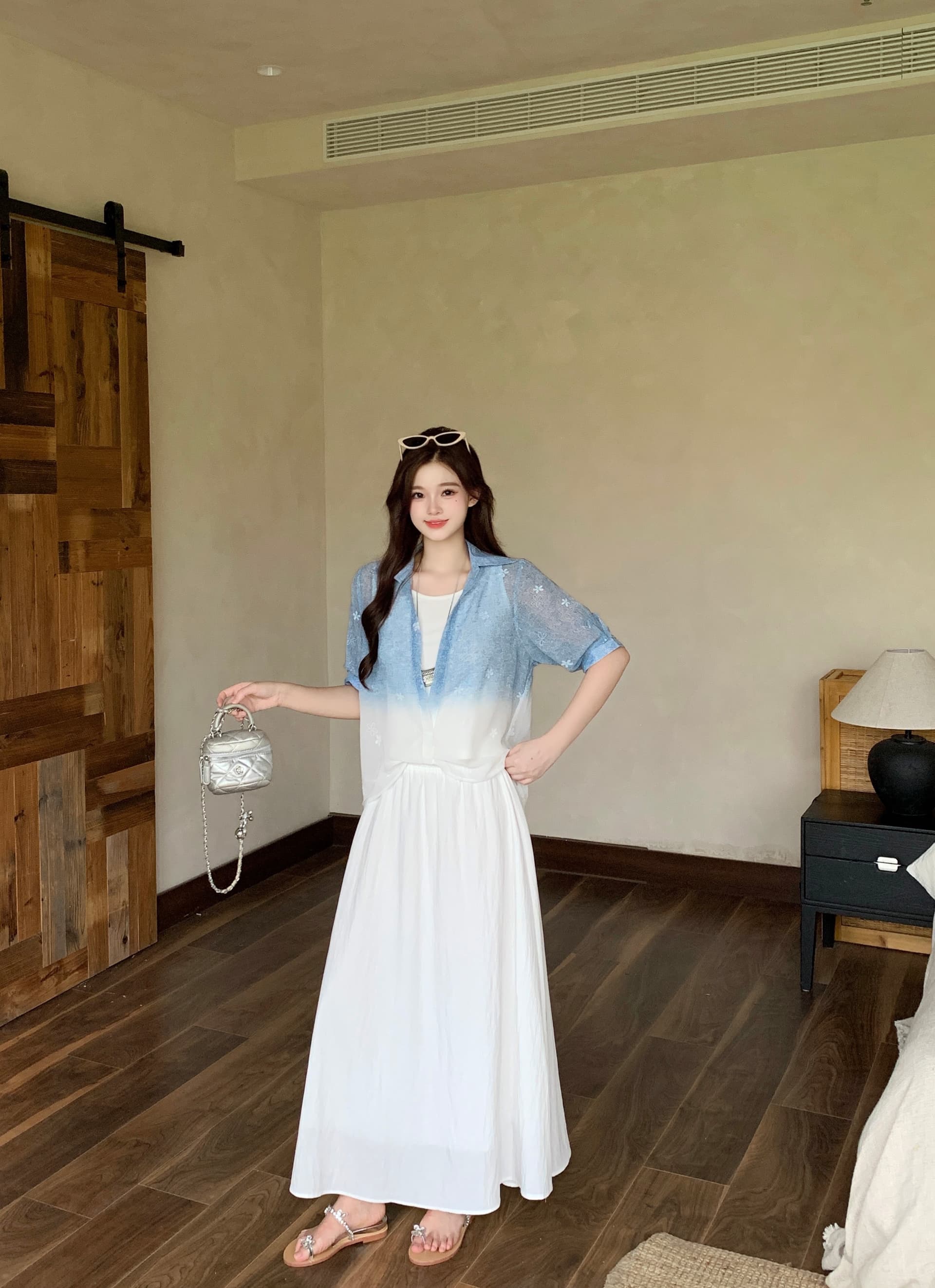 실사 2026 여름 새로운 지방 mm 빅 사이즈 그라데이션 페이크 레이어드 반팔 맨위 하이웨이스트 반신 스커트 투피스 슈트 이미지 4