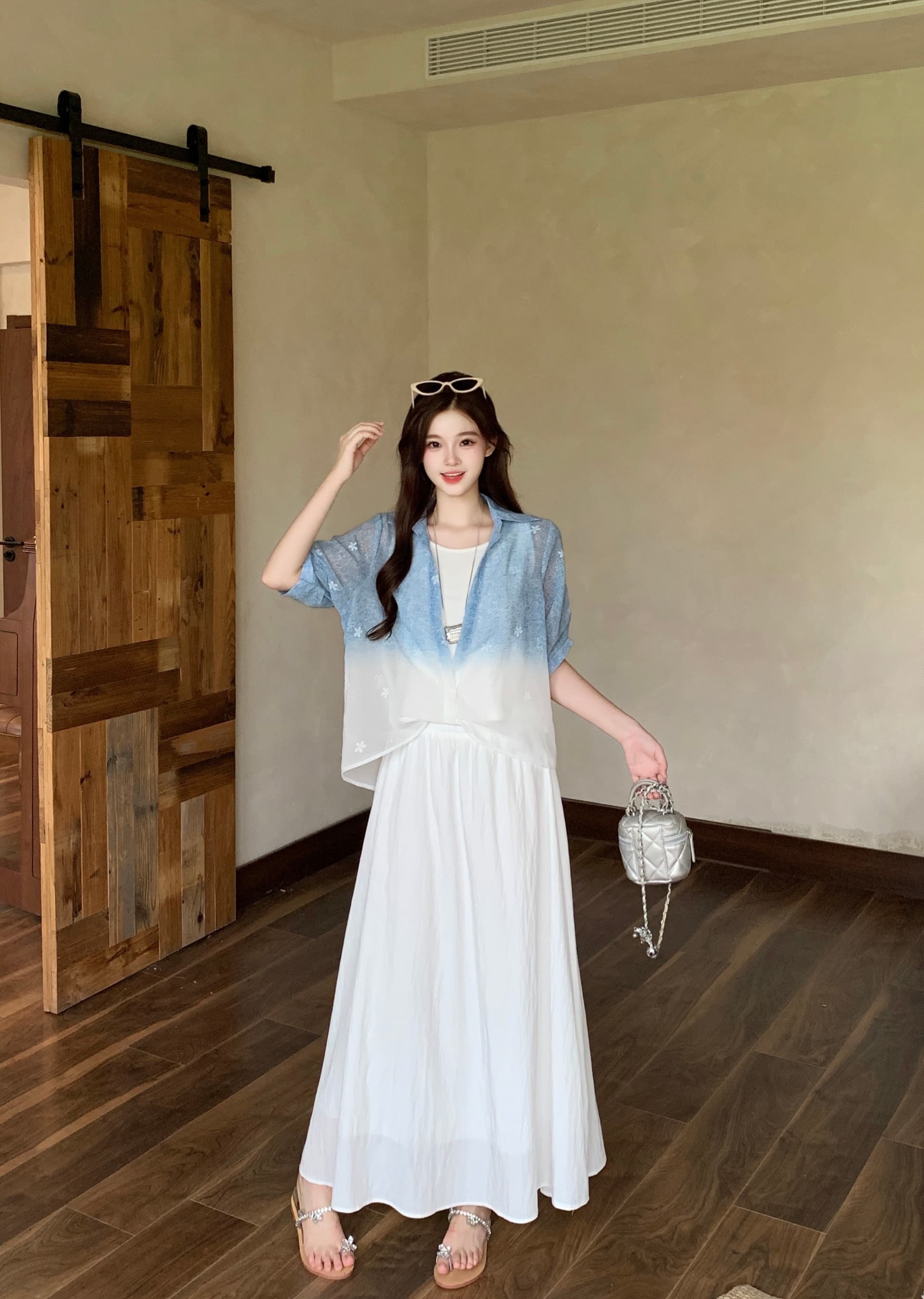 실사 2026 여름 새로운 지방 mm 빅 사이즈 그라데이션 페이크 레이어드 반팔 맨위 하이웨이스트 반신 스커트 투피스 슈트 상세 이미지 7
