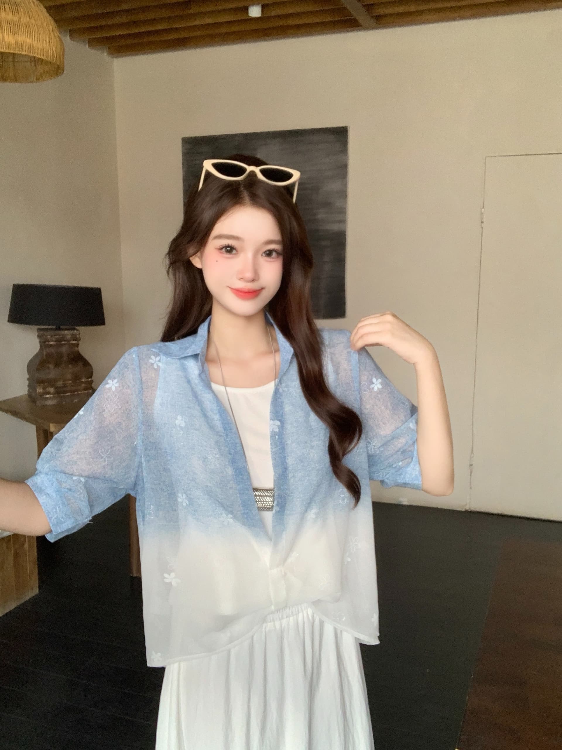 실사 2026 여름 새로운 지방 mm 빅 사이즈 그라데이션 페이크 레이어드 반팔 맨위 하이웨이스트 반신 스커트 투피스 슈트 상세 이미지 12