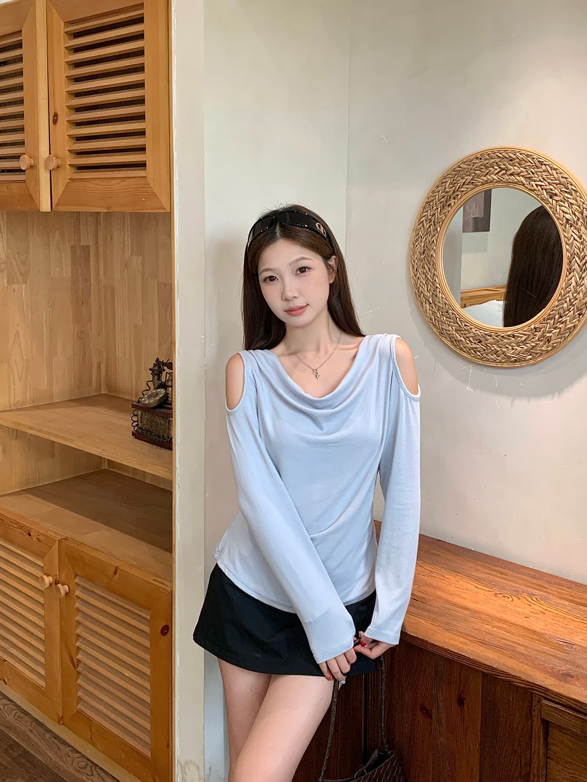 실사 2026 가을 새로운 지방 mm 빅 사이즈 여성 오프숄더 흔들다 칼라 긴팔 티셔츠 순수한 욕망 바람 허리 수축 슬림해 보이는 맨위 상세 이미지 20