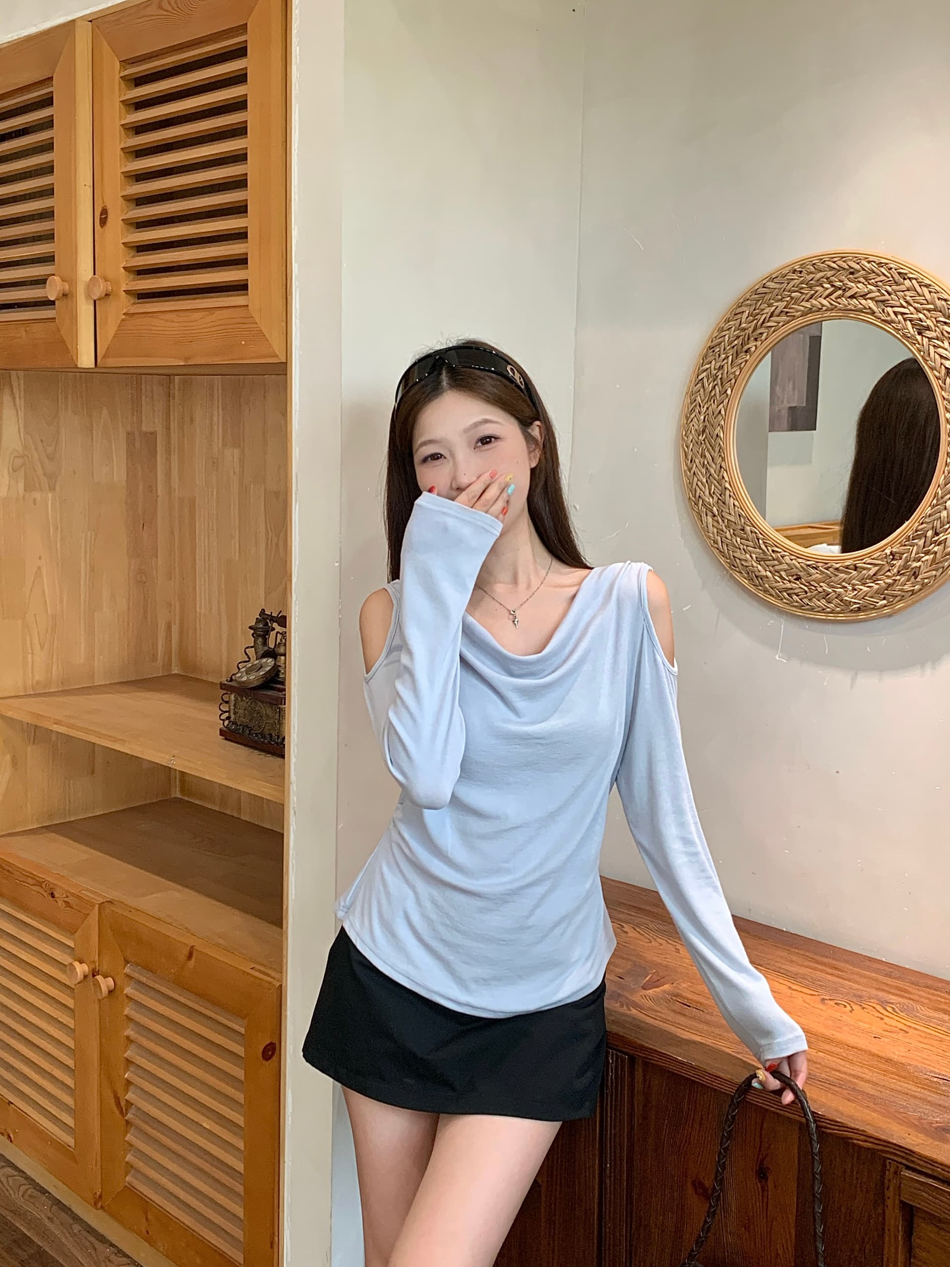 실사 2026 가을 새로운 지방 mm 빅 사이즈 여성 오프숄더 흔들다 칼라 긴팔 티셔츠 순수한 욕망 바람 허리 수축 슬림해 보이는 맨위 상세 이미지 21