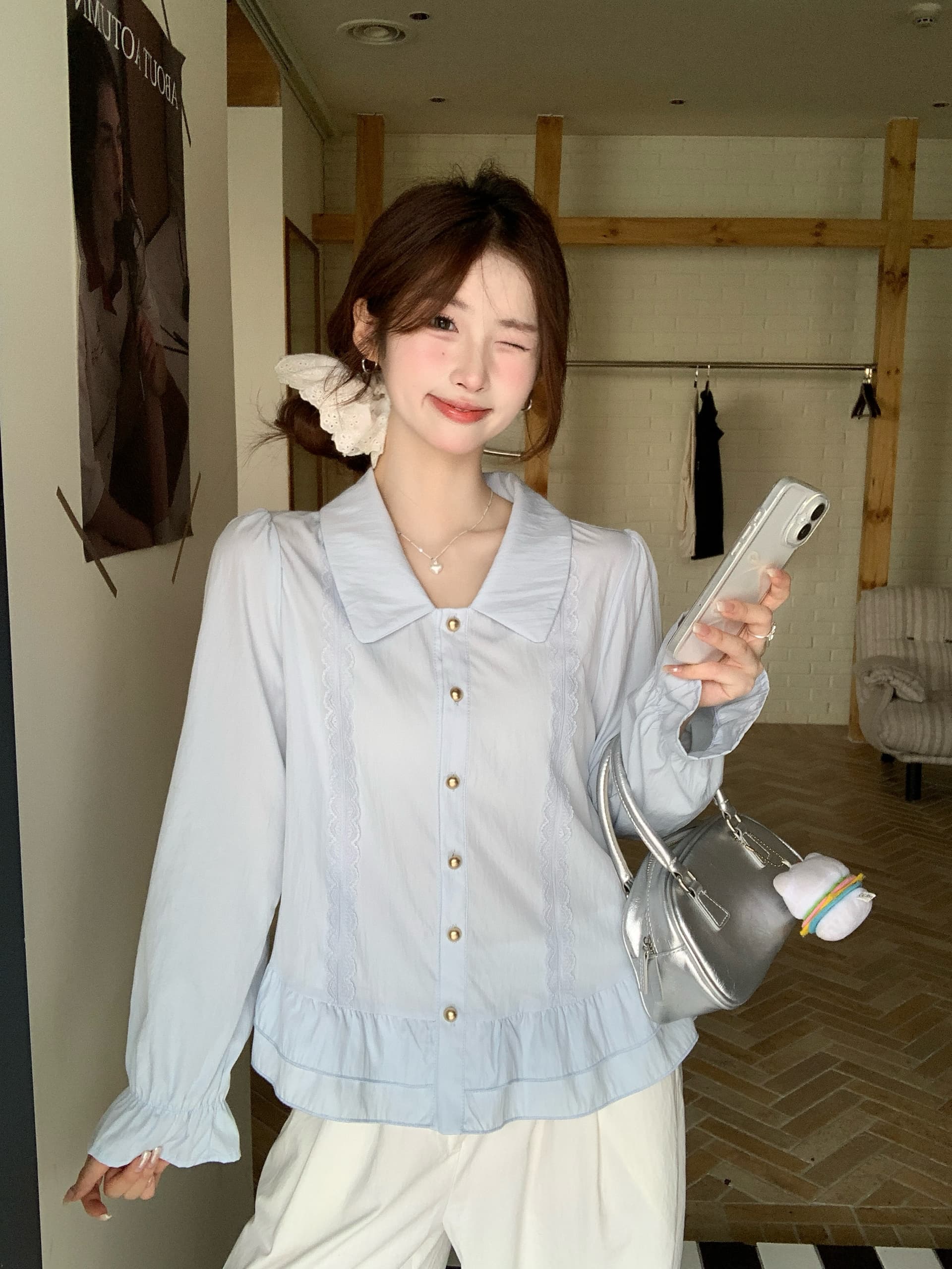 실사 2026 가을 새로운 지방 mm 빅 사이즈 프랑스식 베이비 칼라 긴팔 셔츠 연령 감소 프릴 Chic 작은 셔츠 이미지 4