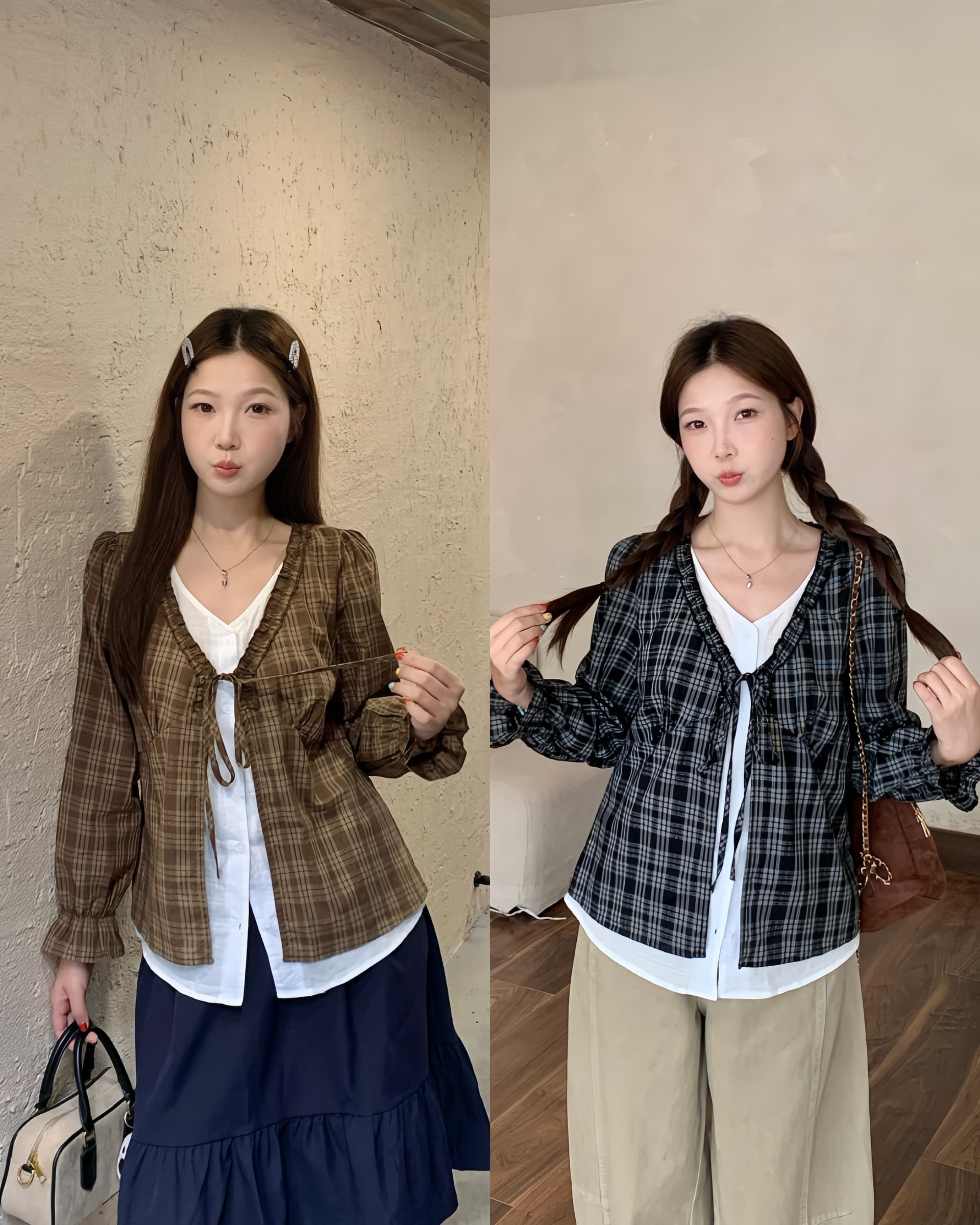 실사 2026 가을 의상 새로운 지방 mm 빅 사이즈 여성 한 부서 레트로 체크무늬 긴팔 맨위 페이크 레이어드 레이스업 작은 셔츠