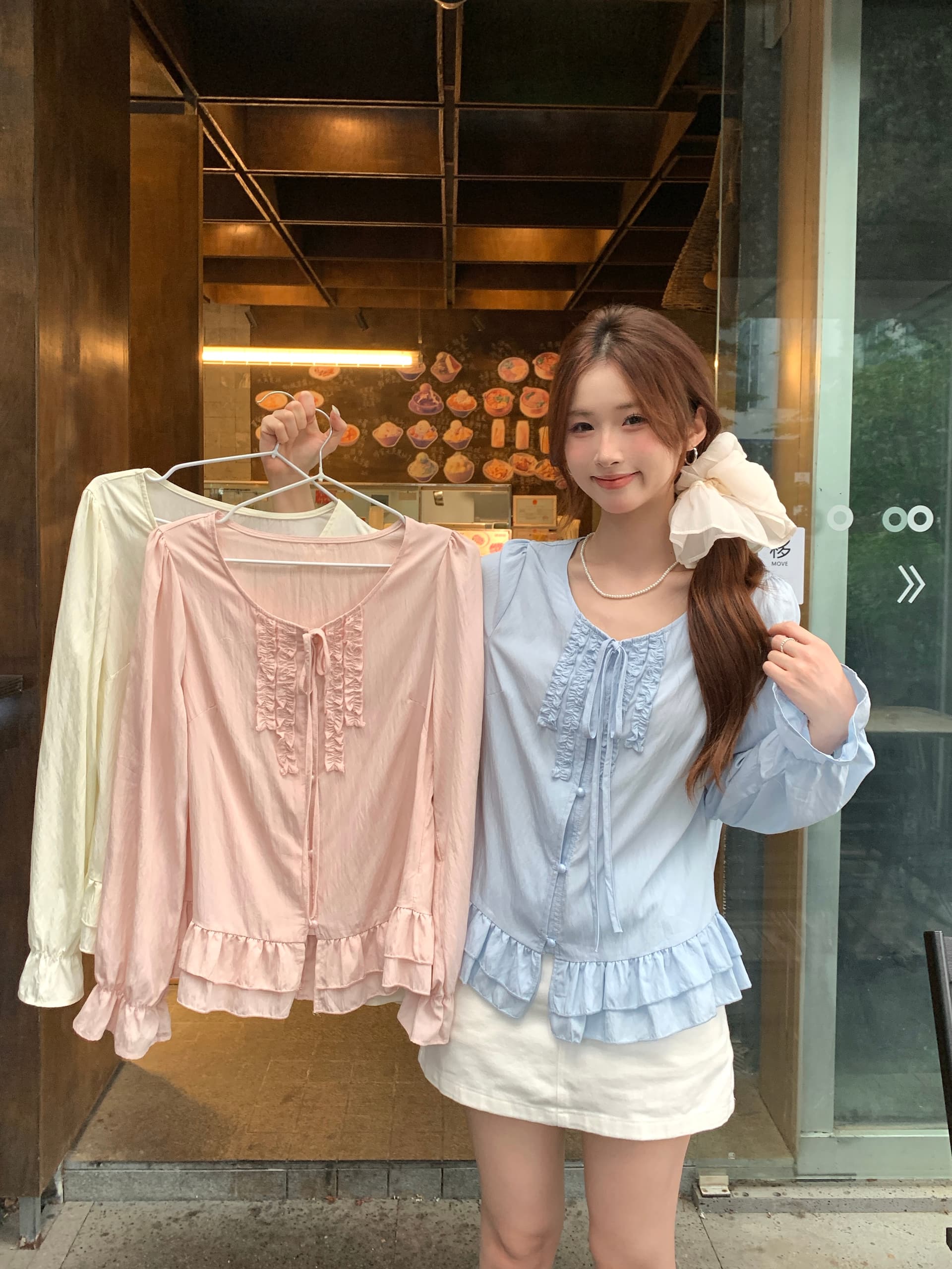 실사 2026 가을 새로운 지방 mm 빅 사이즈 레이스업 프릴 긴팔 셔츠 신선함 달콤함 나팔 소매 맨위 상세 이미지 3