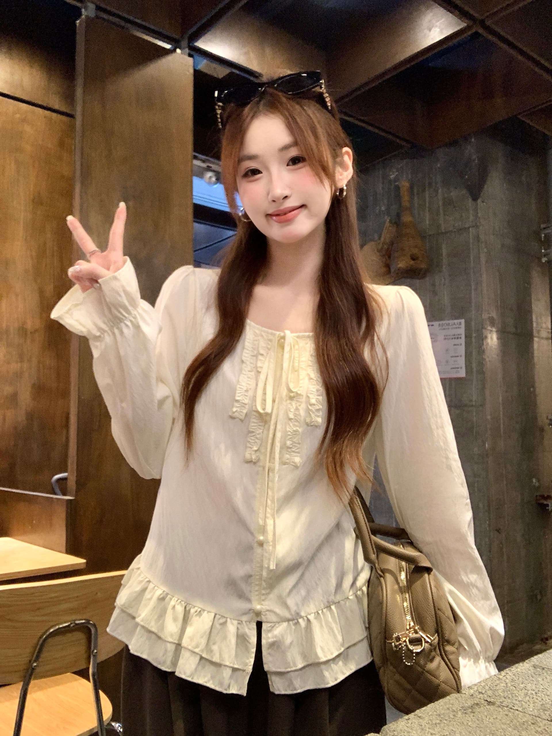 실사 2026 가을 새로운 지방 mm 빅 사이즈 레이스업 프릴 긴팔 셔츠 신선함 달콤함 나팔 소매 맨위 상세 이미지 29