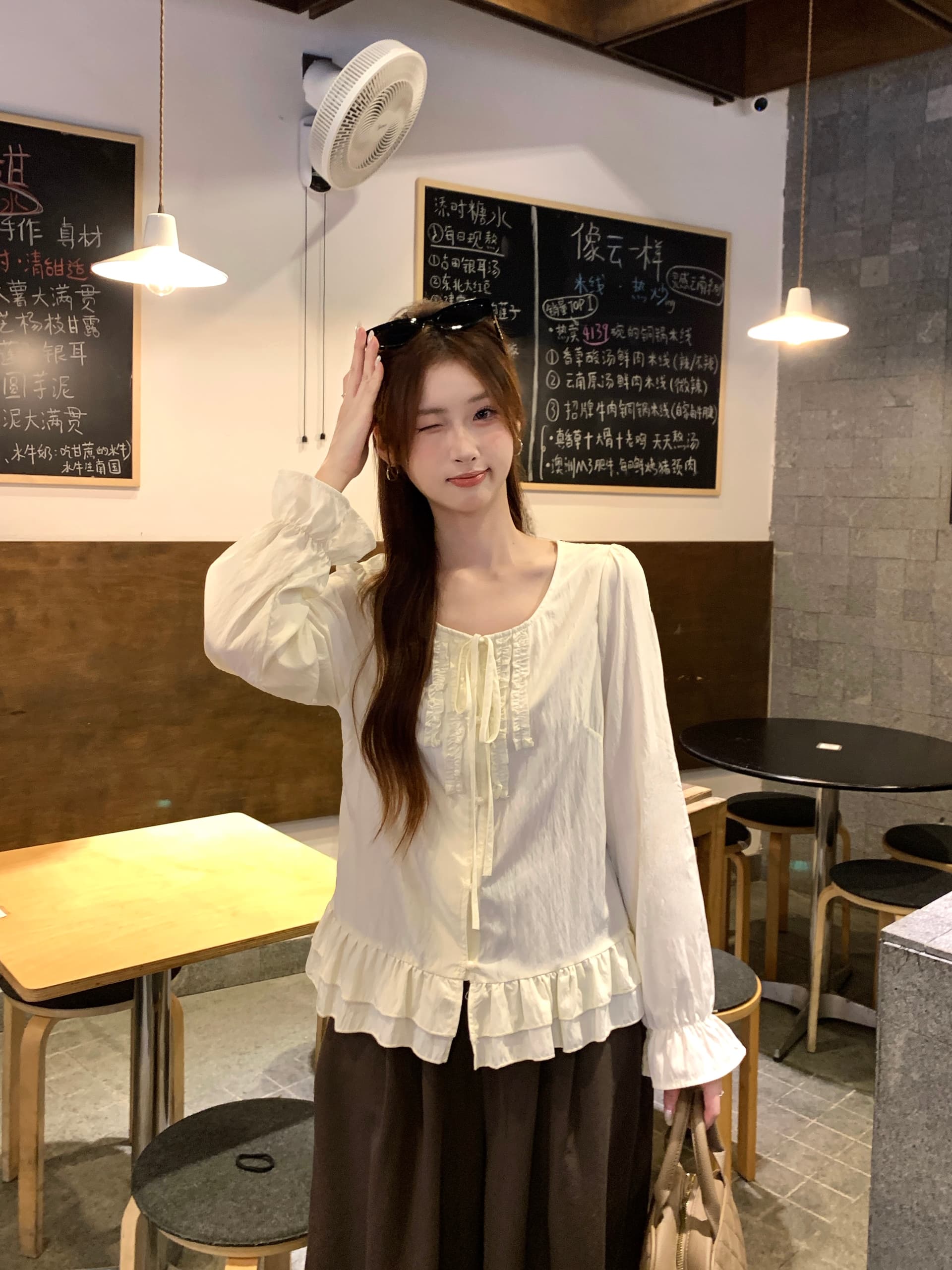 실사 2026 가을 새로운 지방 mm 빅 사이즈 레이스업 프릴 긴팔 셔츠 신선함 달콤함 나팔 소매 맨위 상세 이미지 31