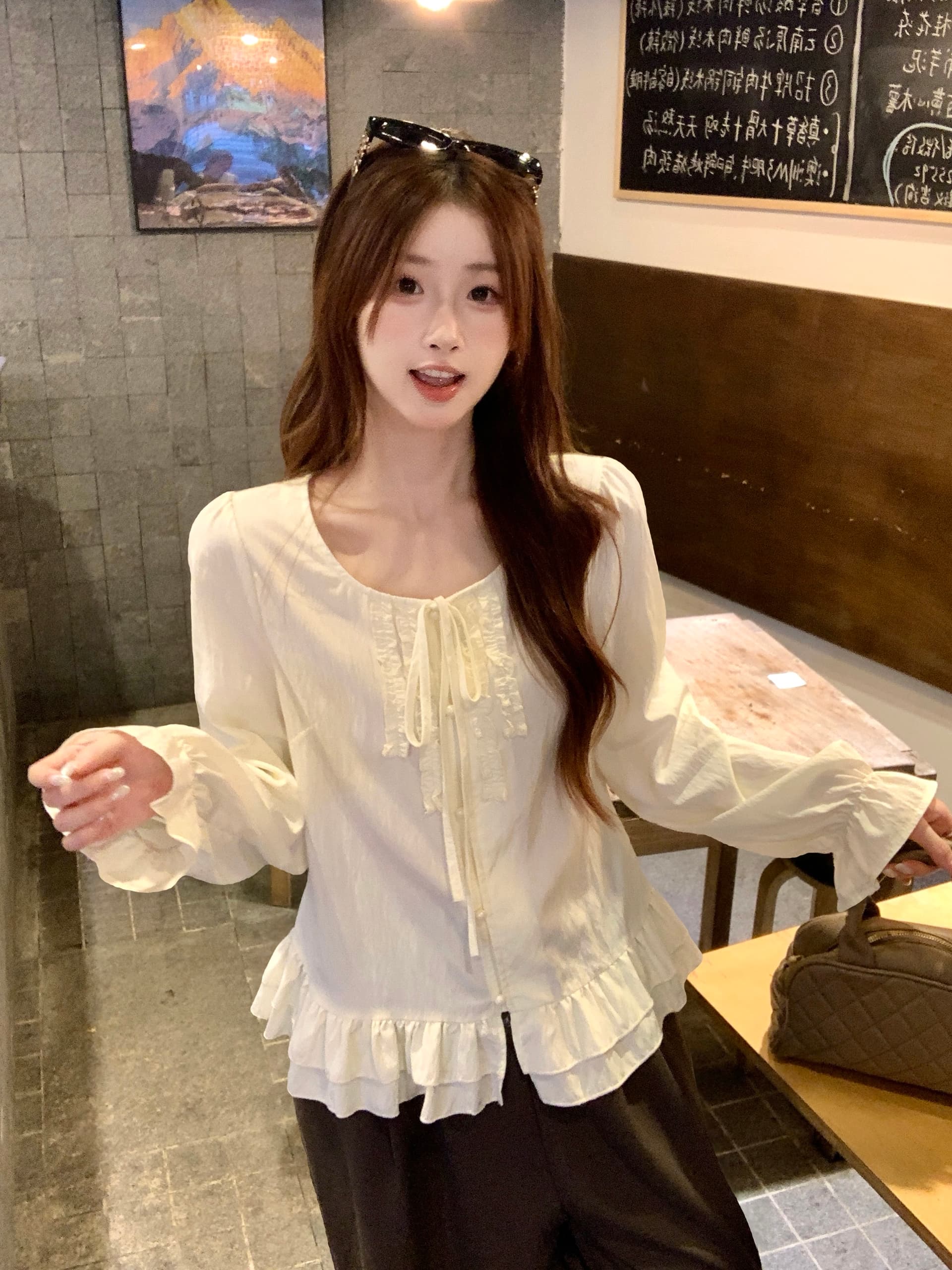 실사 2026 가을 새로운 지방 mm 빅 사이즈 레이스업 프릴 긴팔 셔츠 신선함 달콤함 나팔 소매 맨위 상세 이미지 34