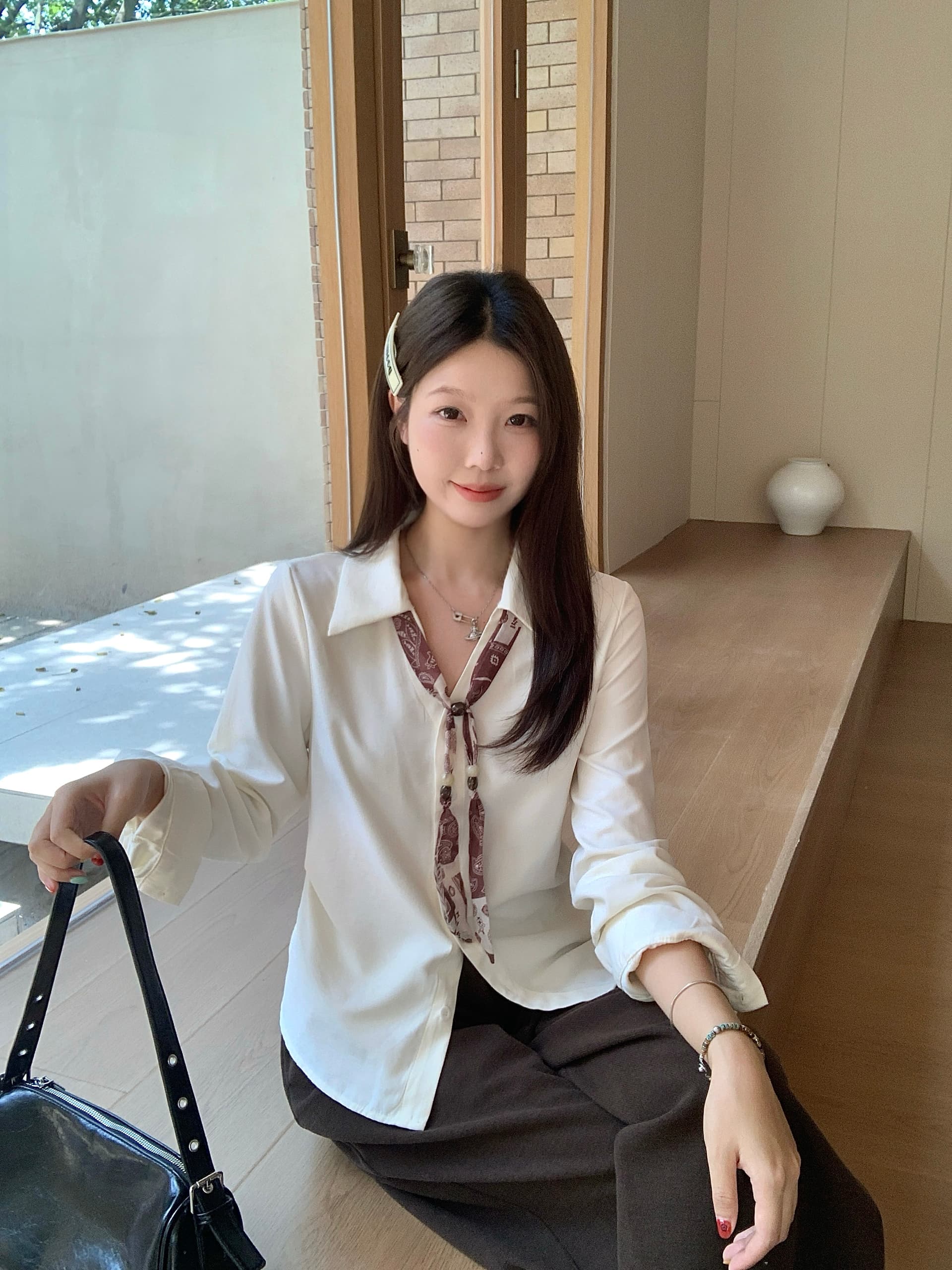 실사 2026 가을 새로운 지방 mm 빅 사이즈 여성 스카프 넥타이 긴팔 셔츠 디자인 센스 출퇴근 다용도 맨위 상세 이미지 7