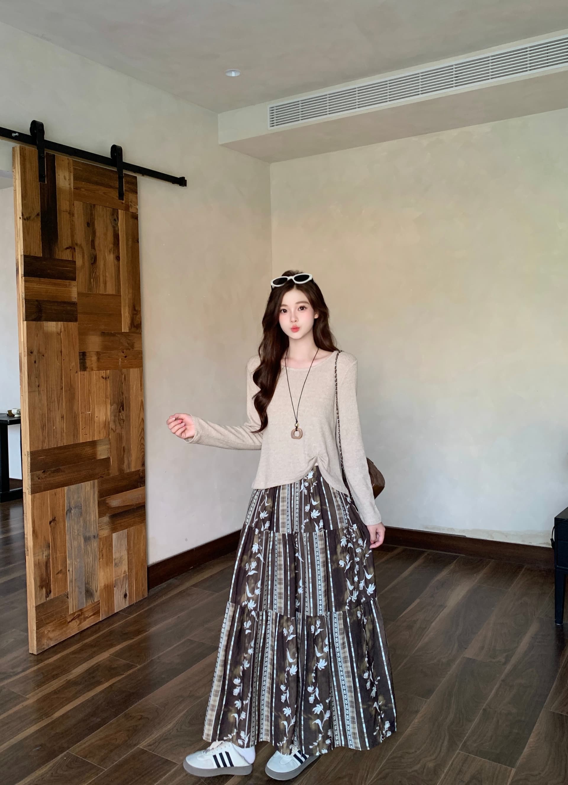 실사 2026 가을 의상 새로운 지방 mm 핀치 Pleat 긴팔 맨위 꽃무늬 반신 스커트 투피스 세트 느긋한 느슨함 세트 상세 이미지 17