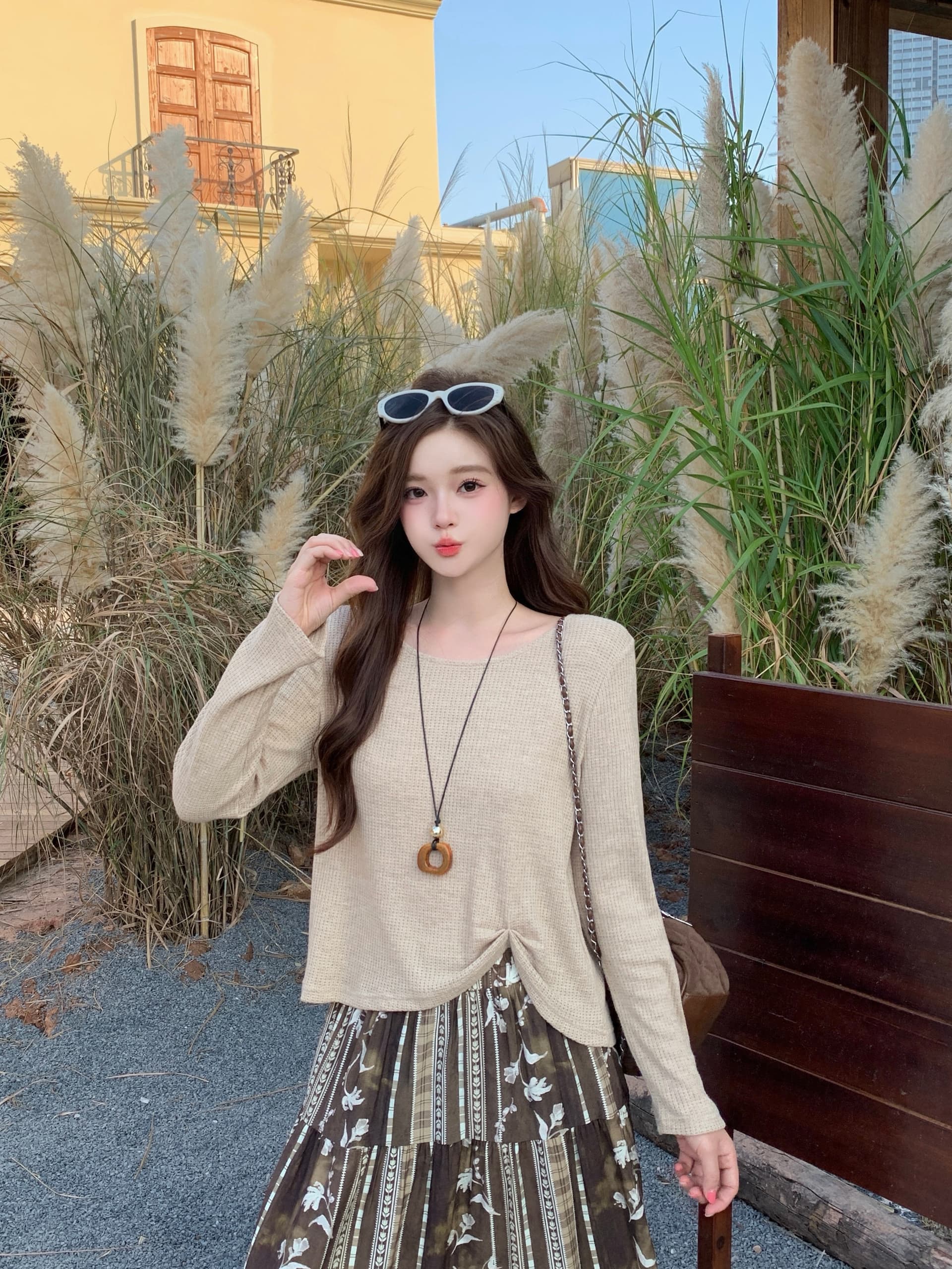 실사 2026 가을 의상 새로운 지방 mm 핀치 Pleat 긴팔 맨위 꽃무늬 반신 스커트 투피스 세트 느긋한 느슨함 세트 상세 이미지 20