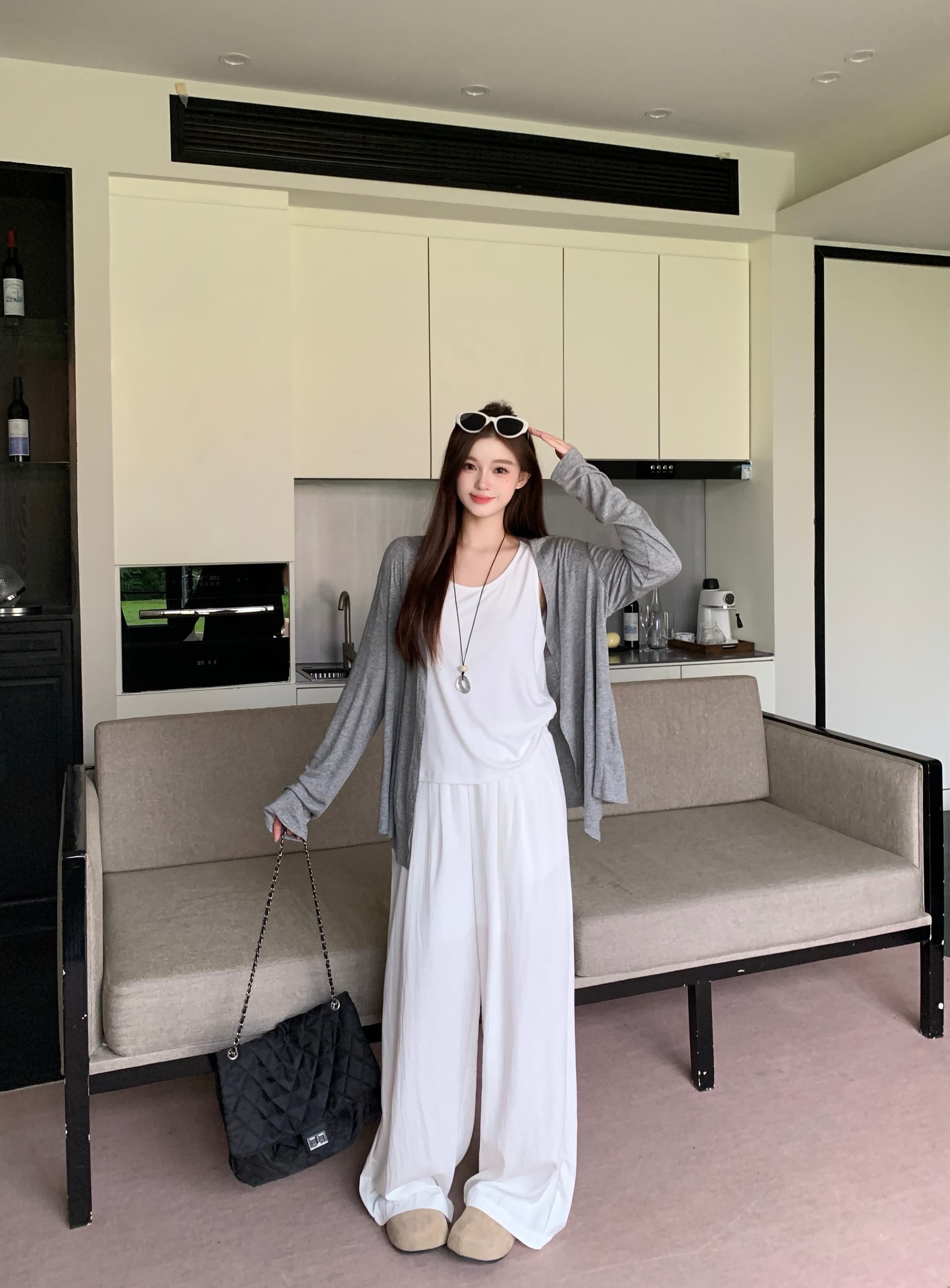 실사 빅 사이즈 2026 가을 새로운 지방 mm 조끼 오픈 가디건 넓은 다리 캐주얼 바지 3종 세트 느긋한 바람 세트 상세 이미지 7