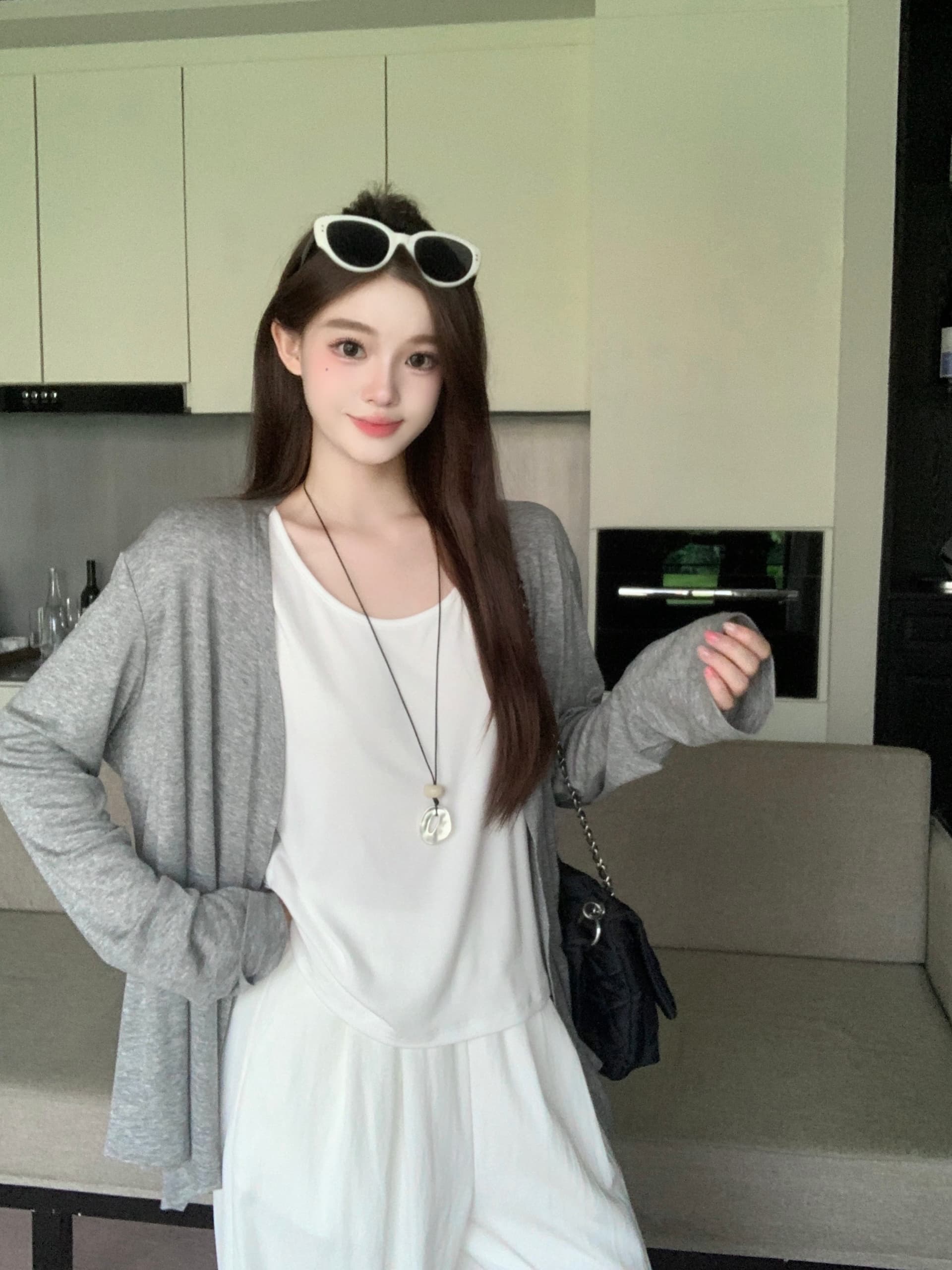 실사 빅 사이즈 2026 가을 새로운 지방 mm 조끼 오픈 가디건 넓은 다리 캐주얼 바지 3종 세트 느긋한 바람 세트 상세 이미지 9
