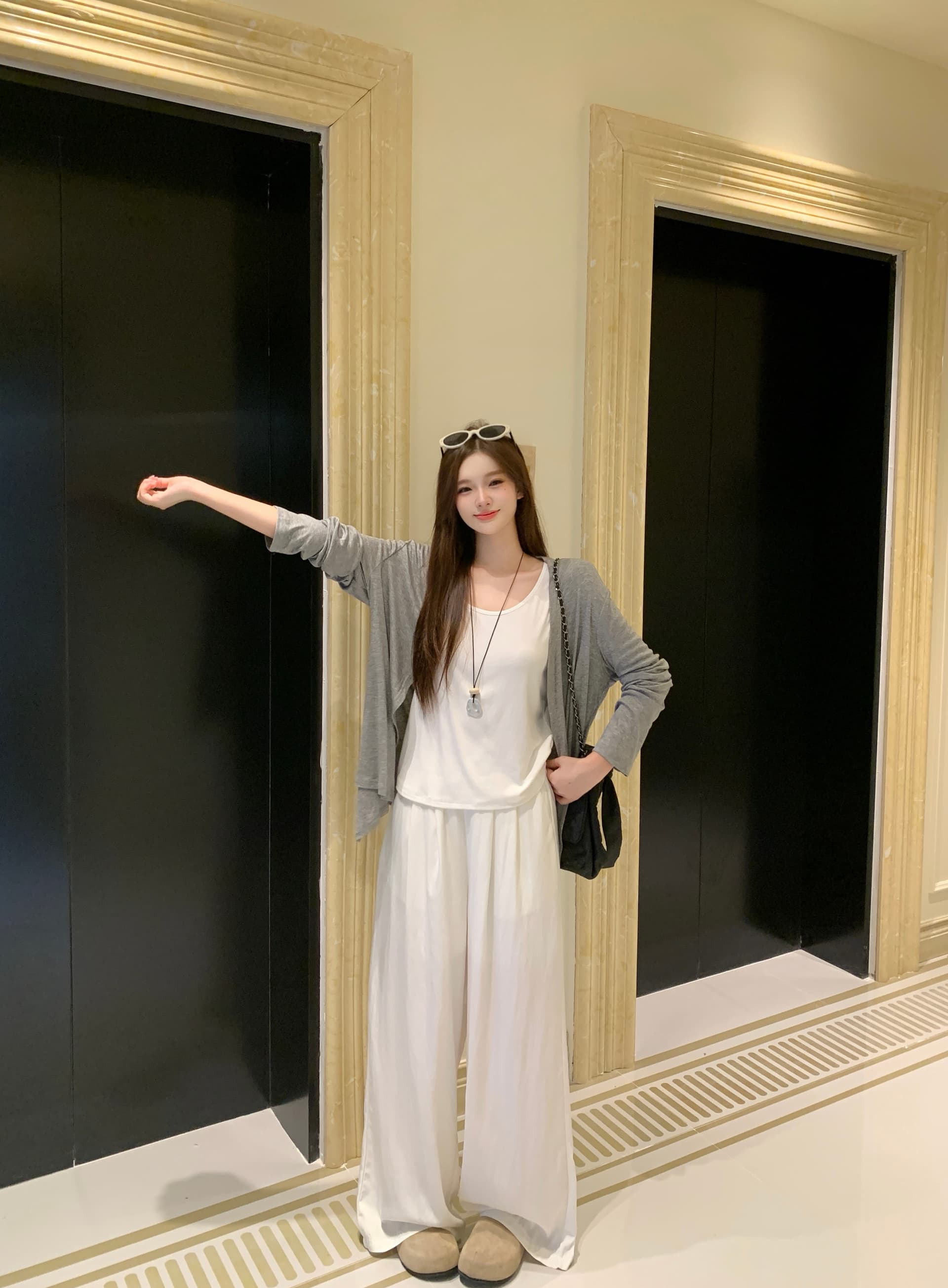 실사 빅 사이즈 2026 가을 새로운 지방 mm 조끼 오픈 가디건 넓은 다리 캐주얼 바지 3종 세트 느긋한 바람 세트 상세 이미지 15