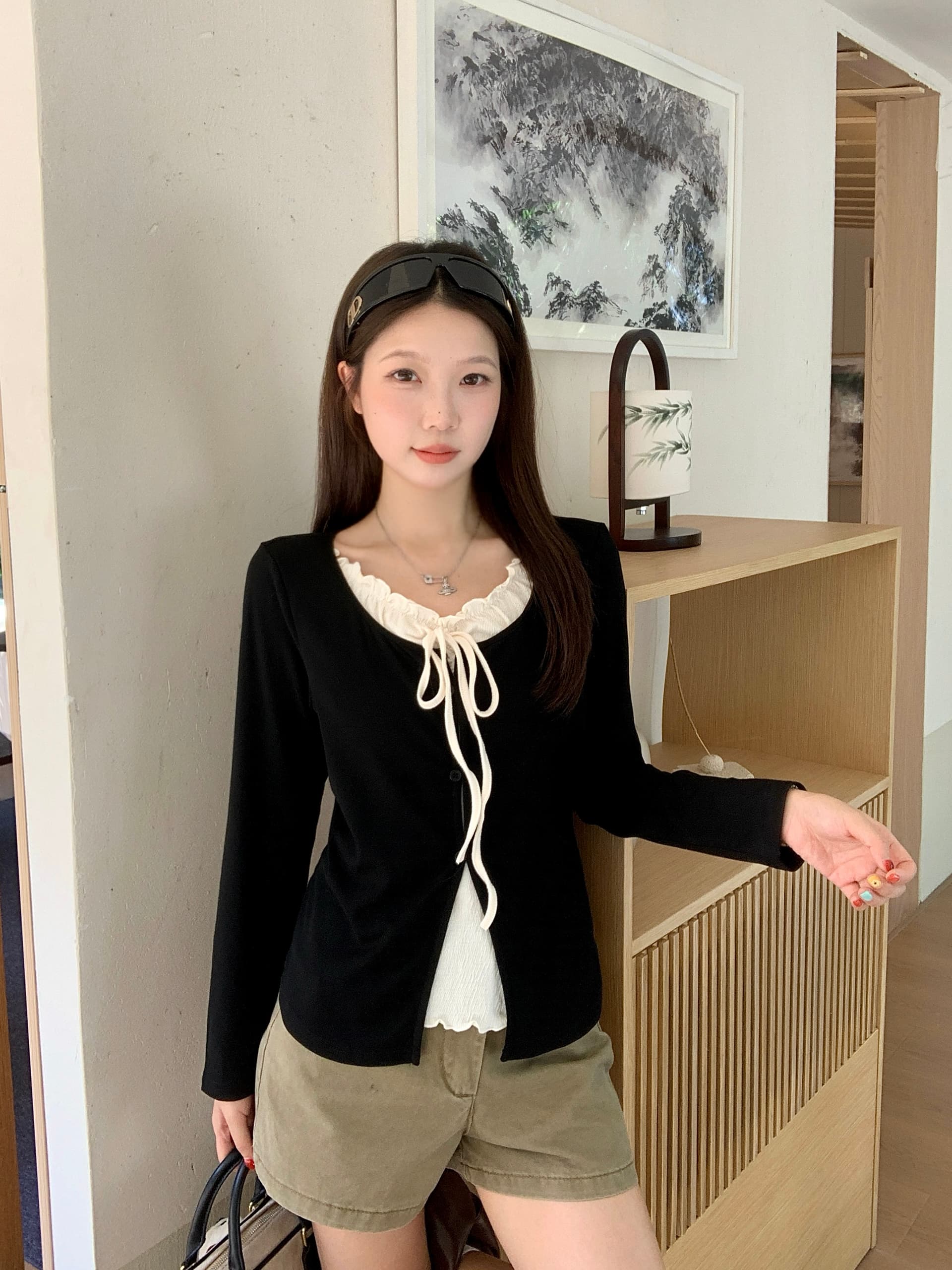 실사 2026 가을 새로운 지방 mm 빅 사이즈 한 부서 프릴 레이스업 긴팔 티셔츠 패치워크 페이크 레이어드 맨위 이미지 2