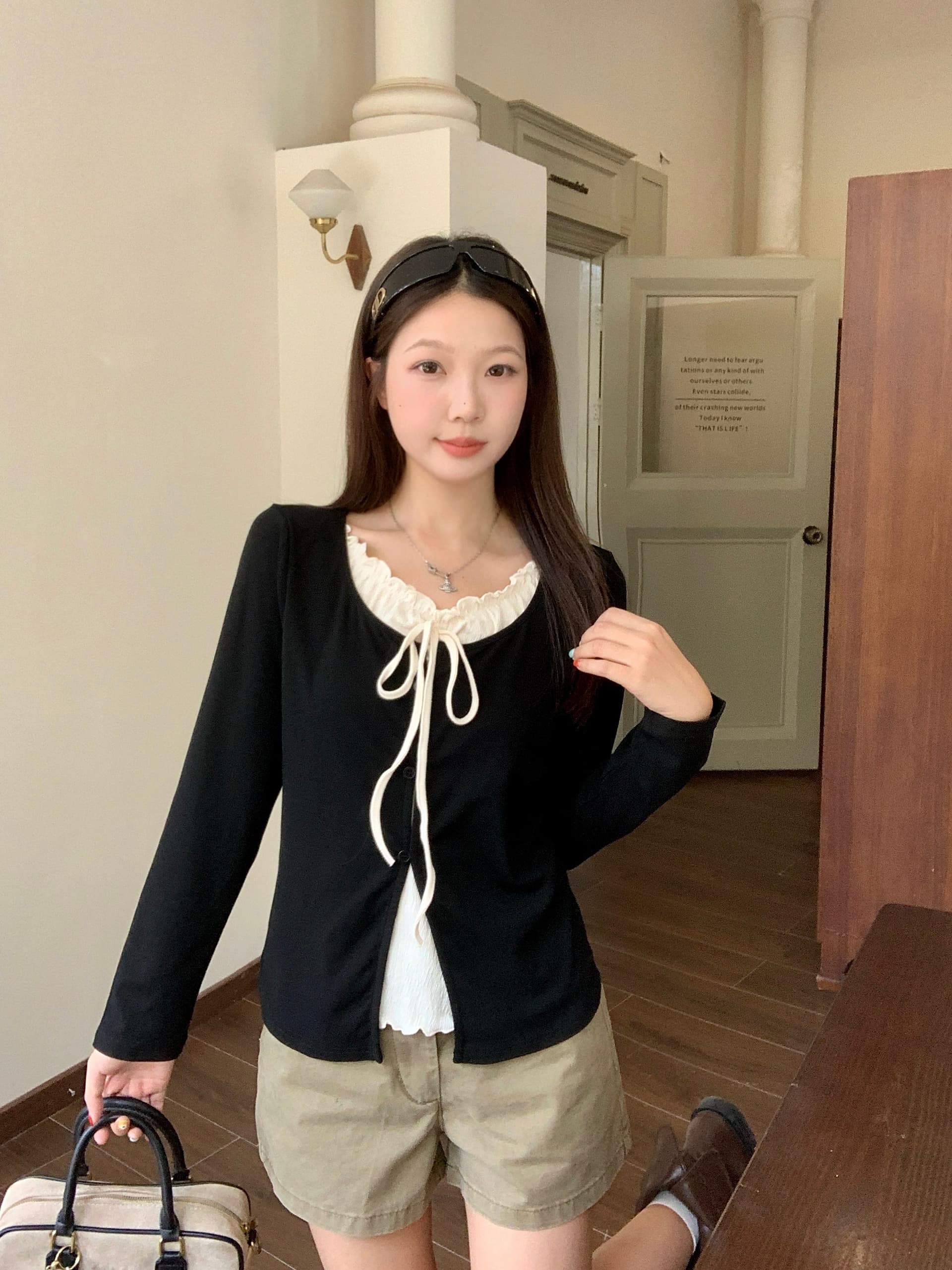 실사 2026 가을 새로운 지방 mm 빅 사이즈 한 부서 프릴 레이스업 긴팔 티셔츠 패치워크 페이크 레이어드 맨위 이미지 4
