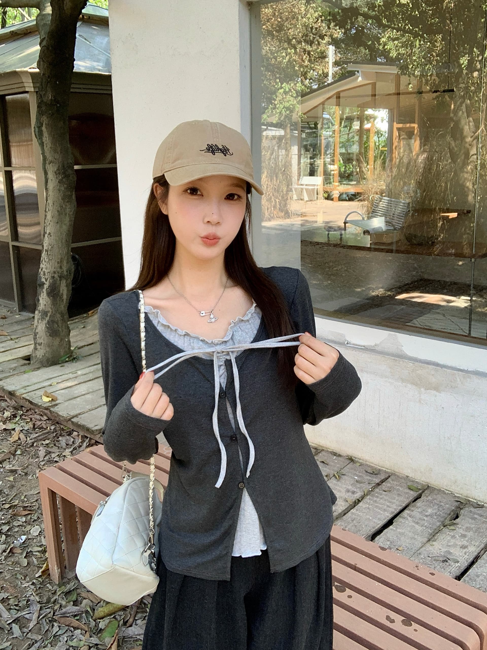 실사 2026 가을 새로운 지방 mm 빅 사이즈 한 부서 프릴 레이스업 긴팔 티셔츠 패치워크 페이크 레이어드 맨위 상세 이미지 4