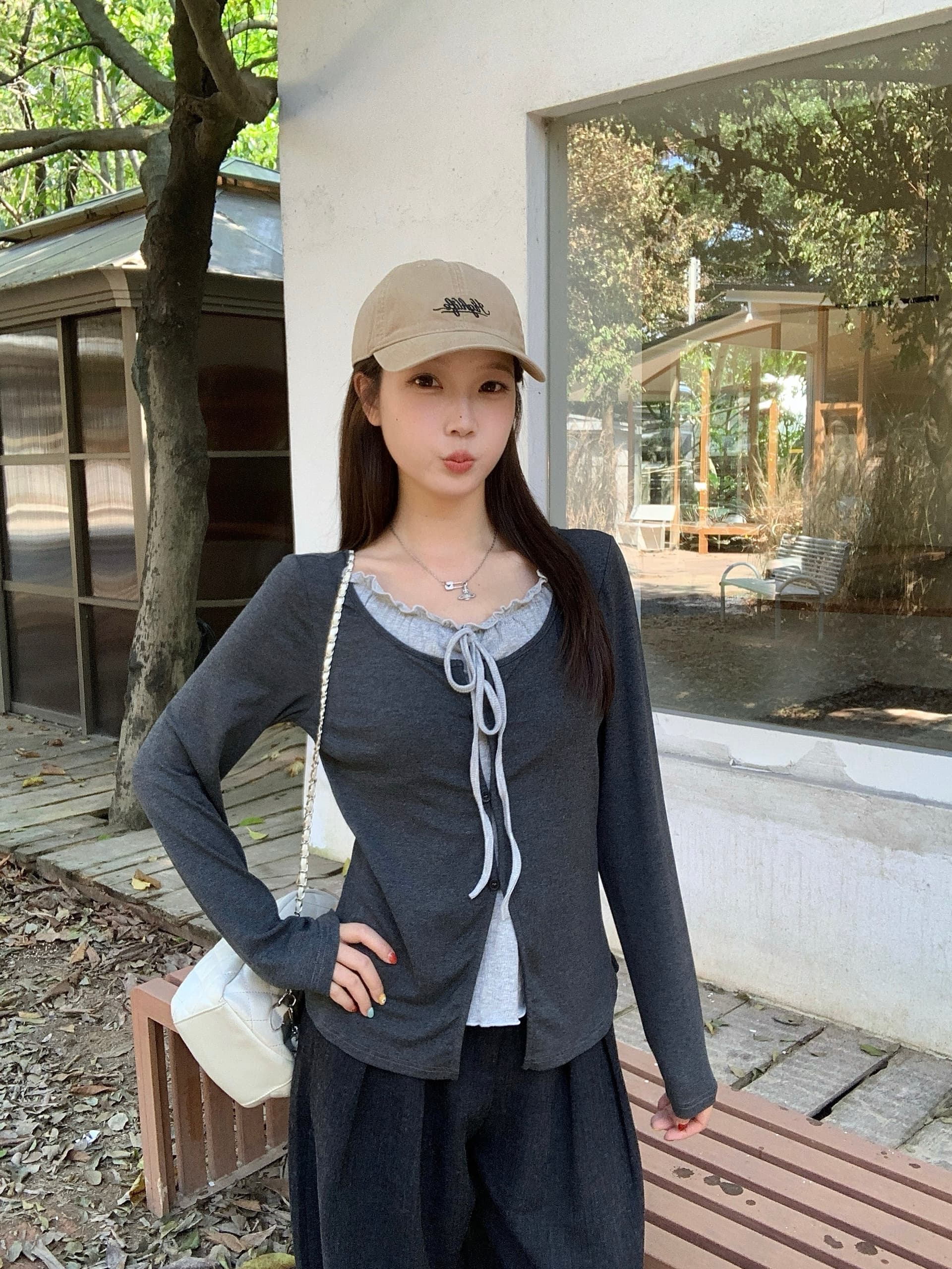 실사 2026 가을 새로운 지방 mm 빅 사이즈 한 부서 프릴 레이스업 긴팔 티셔츠 패치워크 페이크 레이어드 맨위 상세 이미지 11