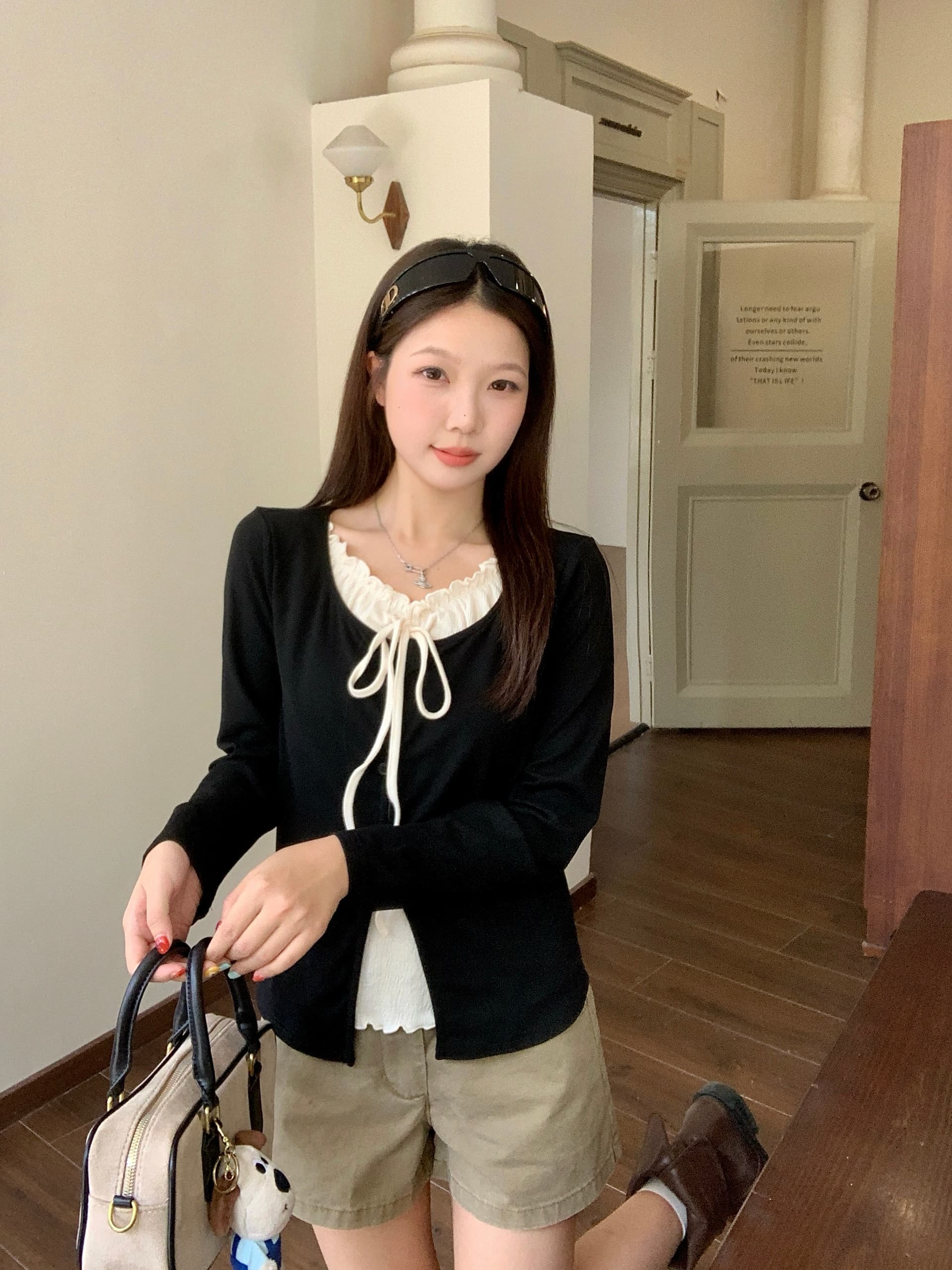 실사 2026 가을 새로운 지방 mm 빅 사이즈 한 부서 프릴 레이스업 긴팔 티셔츠 패치워크 페이크 레이어드 맨위 상세 이미지 15