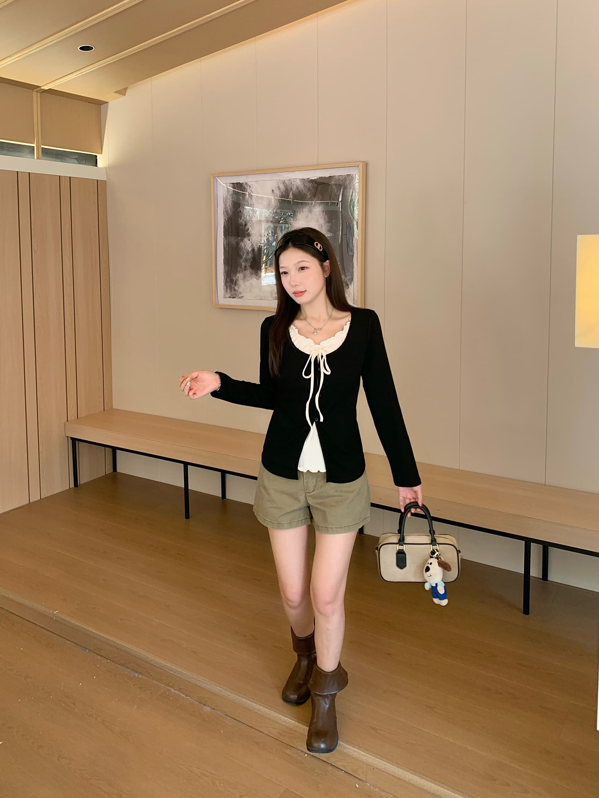 실사 2026 가을 새로운 지방 mm 빅 사이즈 한 부서 프릴 레이스업 긴팔 티셔츠 패치워크 페이크 레이어드 맨위 상세 이미지 19